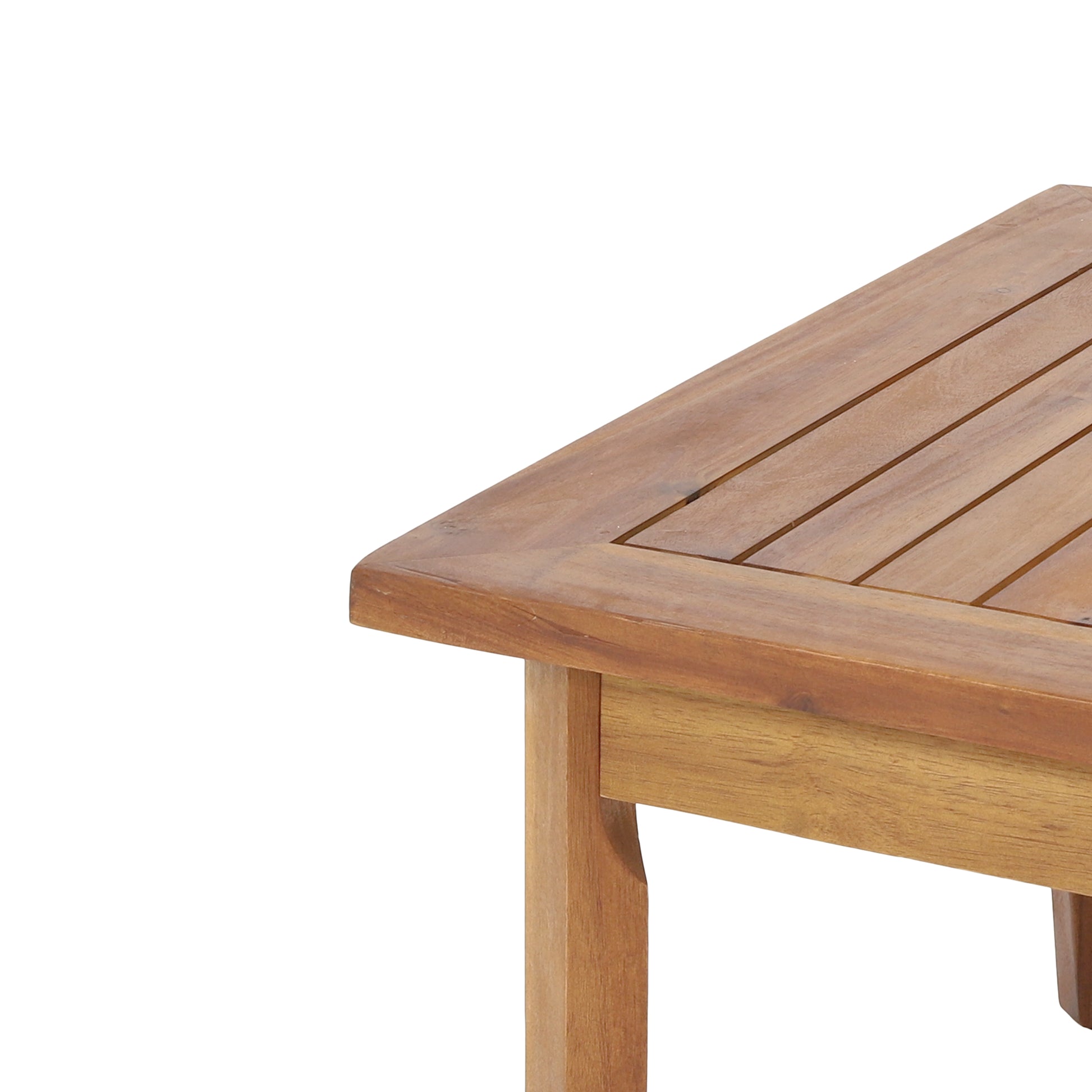 Solid wood patio table with slatted top and sturdy leg detail