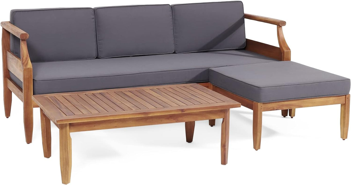 Wooden outdoor sectional sofa with gray cushions and coffee table