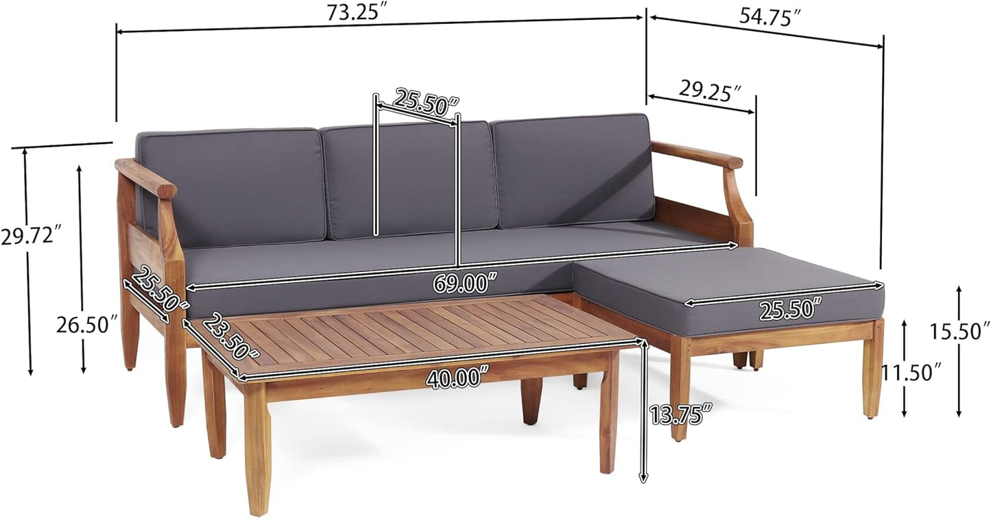 Wooden outdoor sectional sofa with grey cushions and a slatted coffee table for patio relaxation