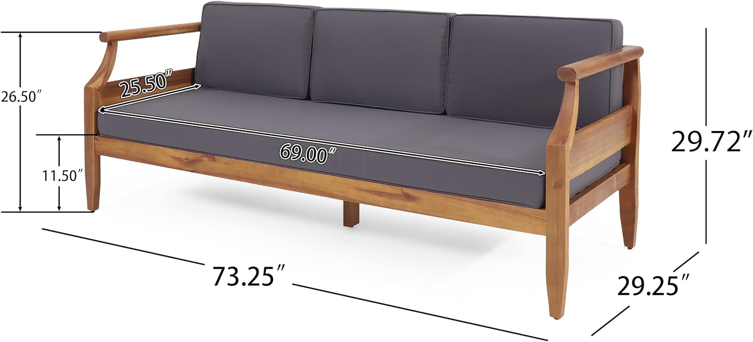 Wooden outdoor sofa with grey cushions  W for patio seating