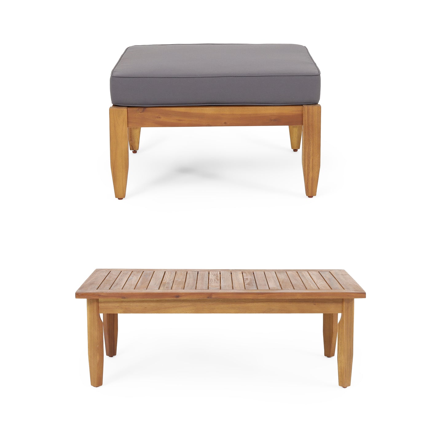 Square grey cushioned ottoman with wooden legs ideal for patio furniture