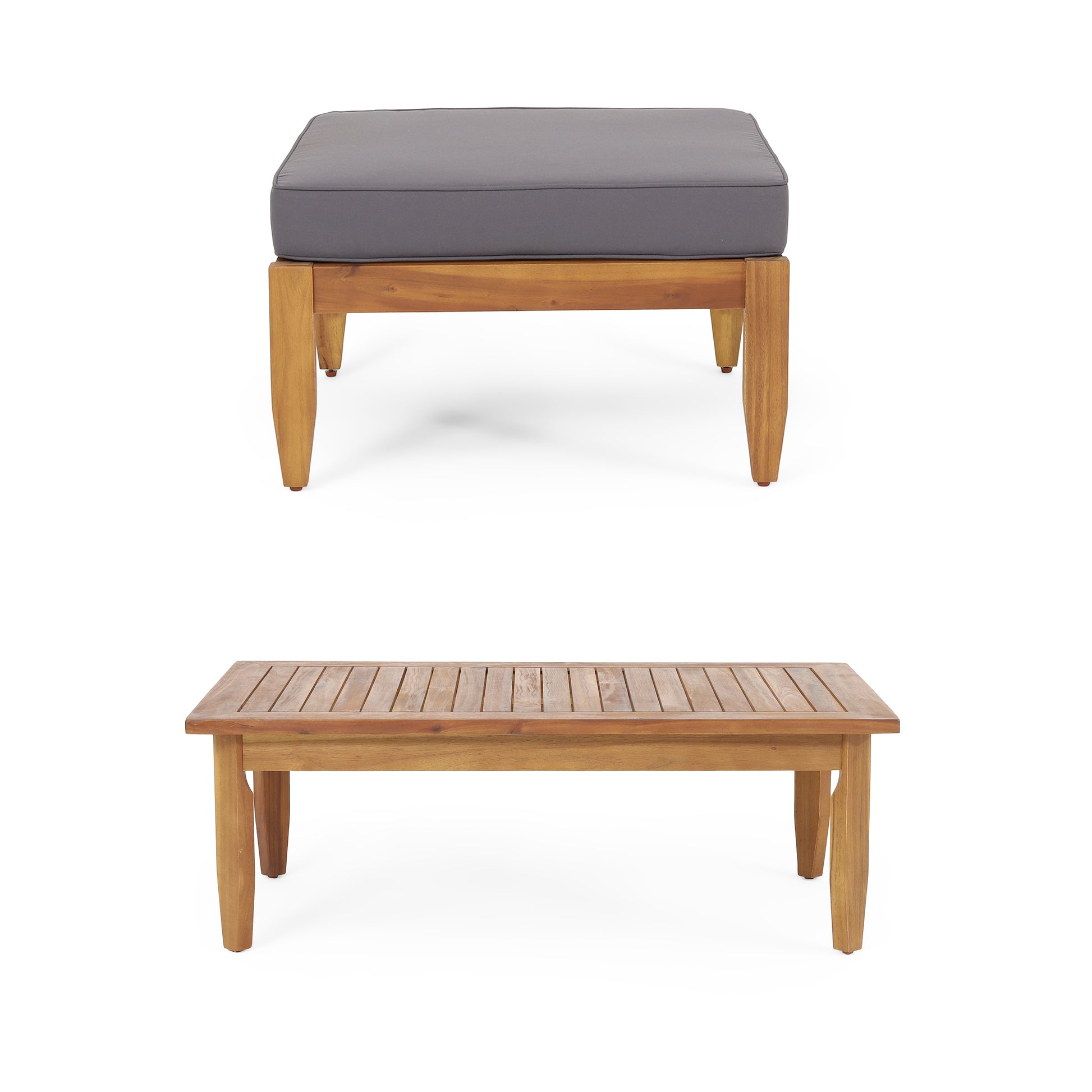 Square grey cushioned ottoman with wooden legs ideal for patio furniture