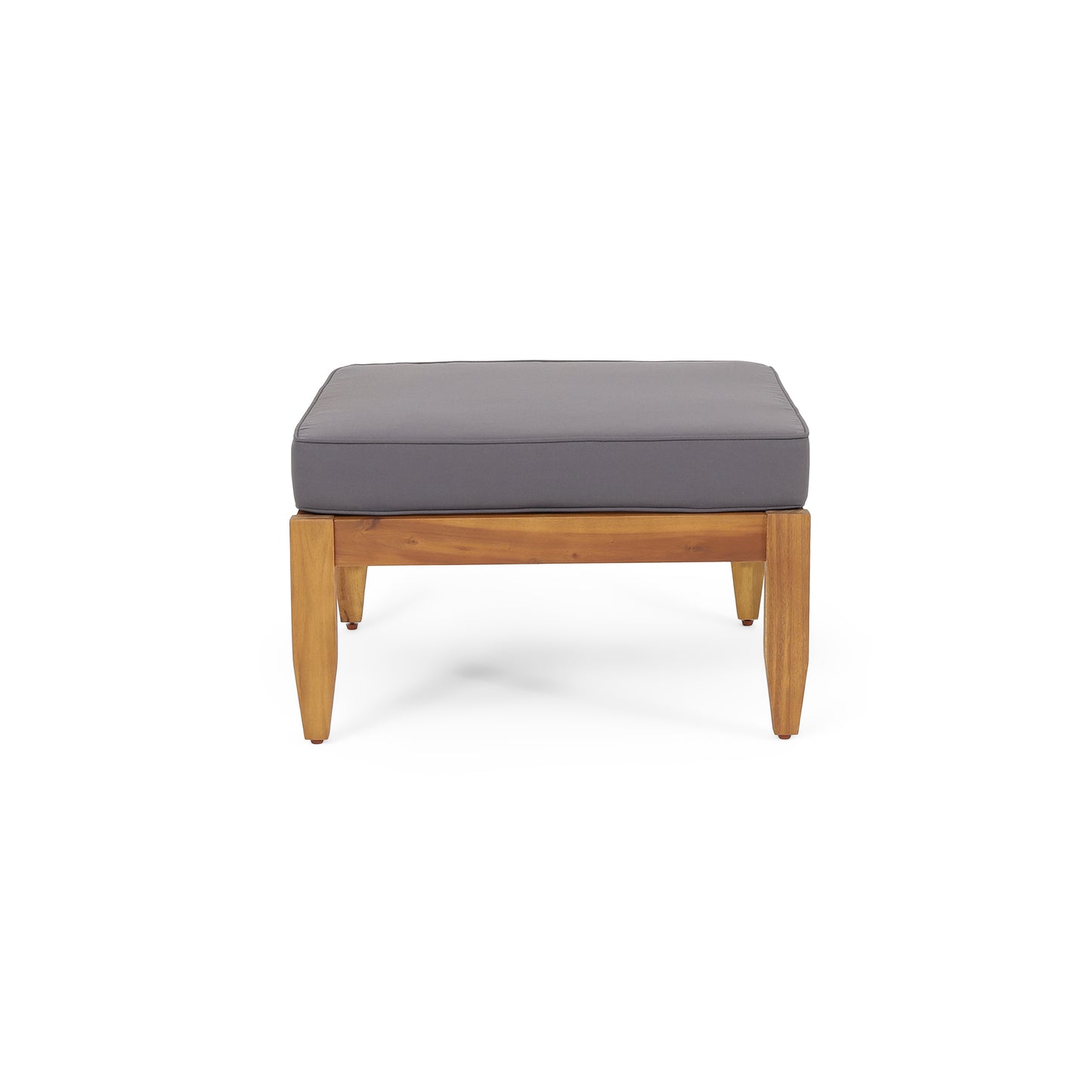Modern grey upholstered ottoman with solid acacia wood frame for outdoor seating