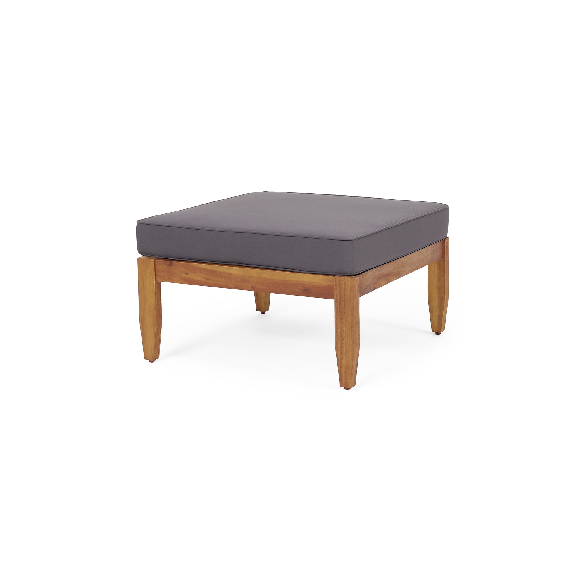 Square outdoor ottoman with a teak wood frame and grey cushion