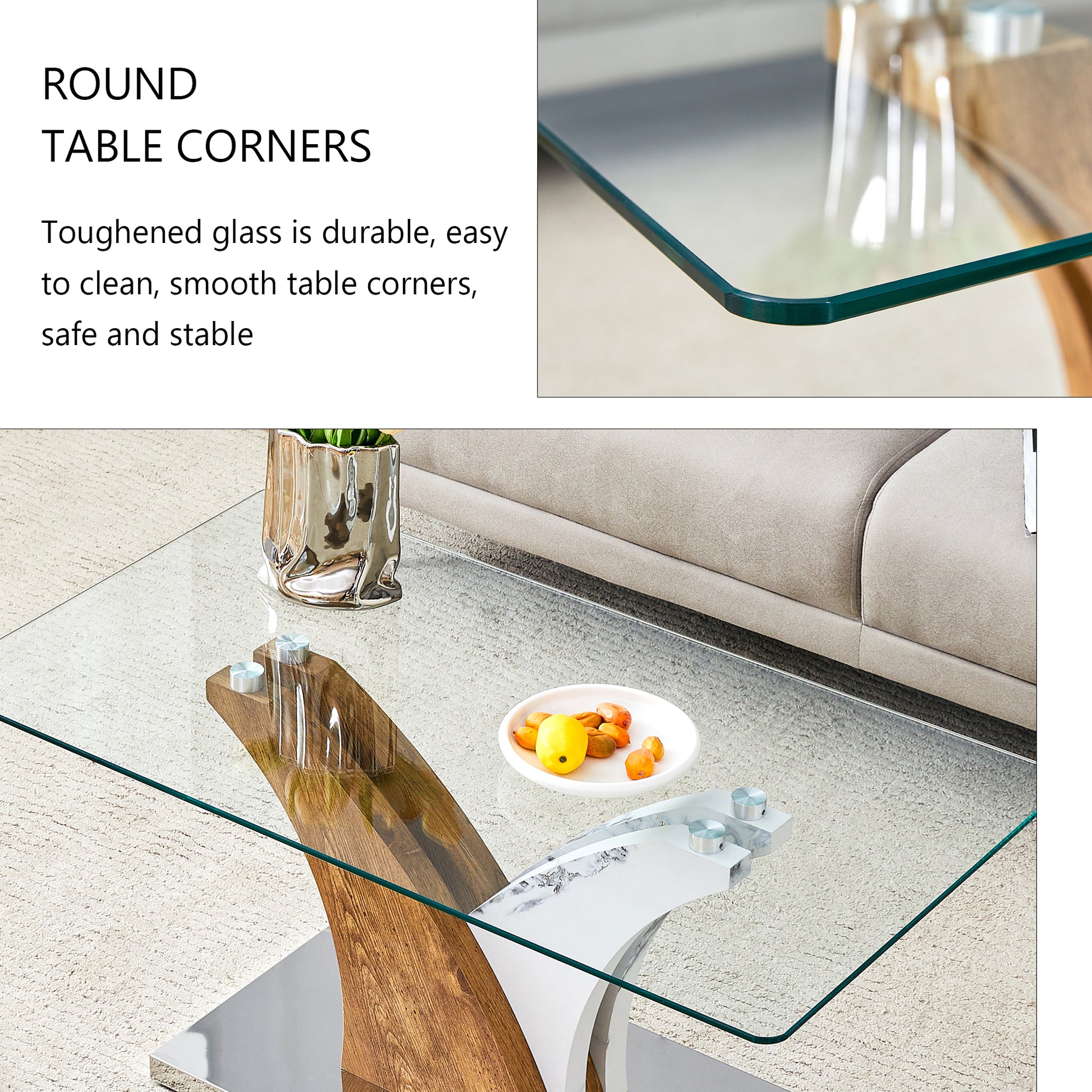 Glass coffee table with rounded corners and unique wood and marble base