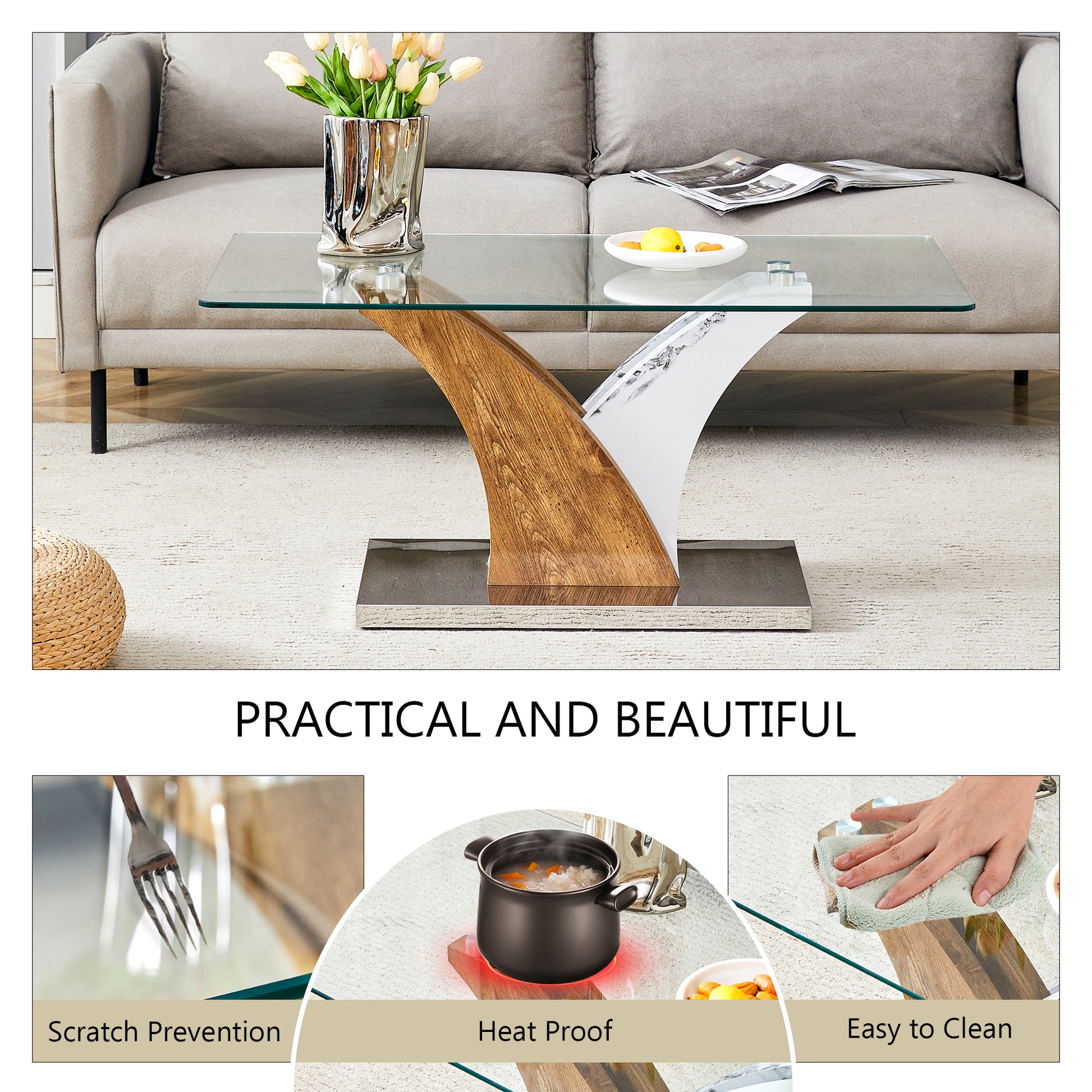 Modern glass coffee table with a unique wooden and marblepatterned base