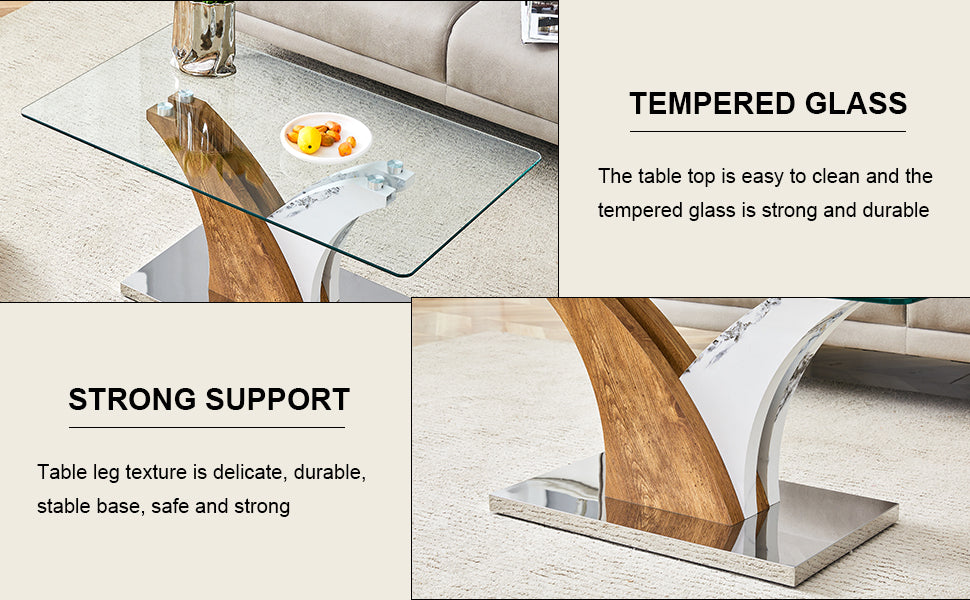 Modern tempered glass coffee table with a unique woodgrain and marblepatterned base