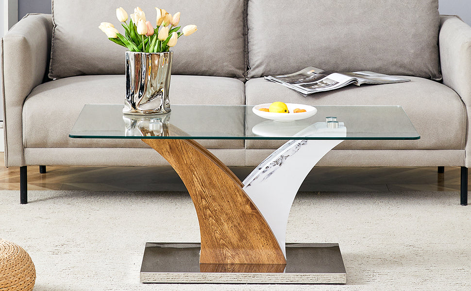 Modern coffee table with glass top wood and white marble base