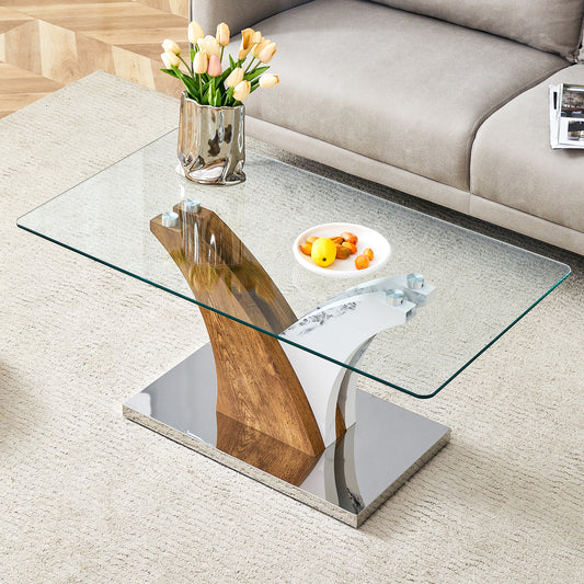 Modern glass coffee table with wood and marble base
