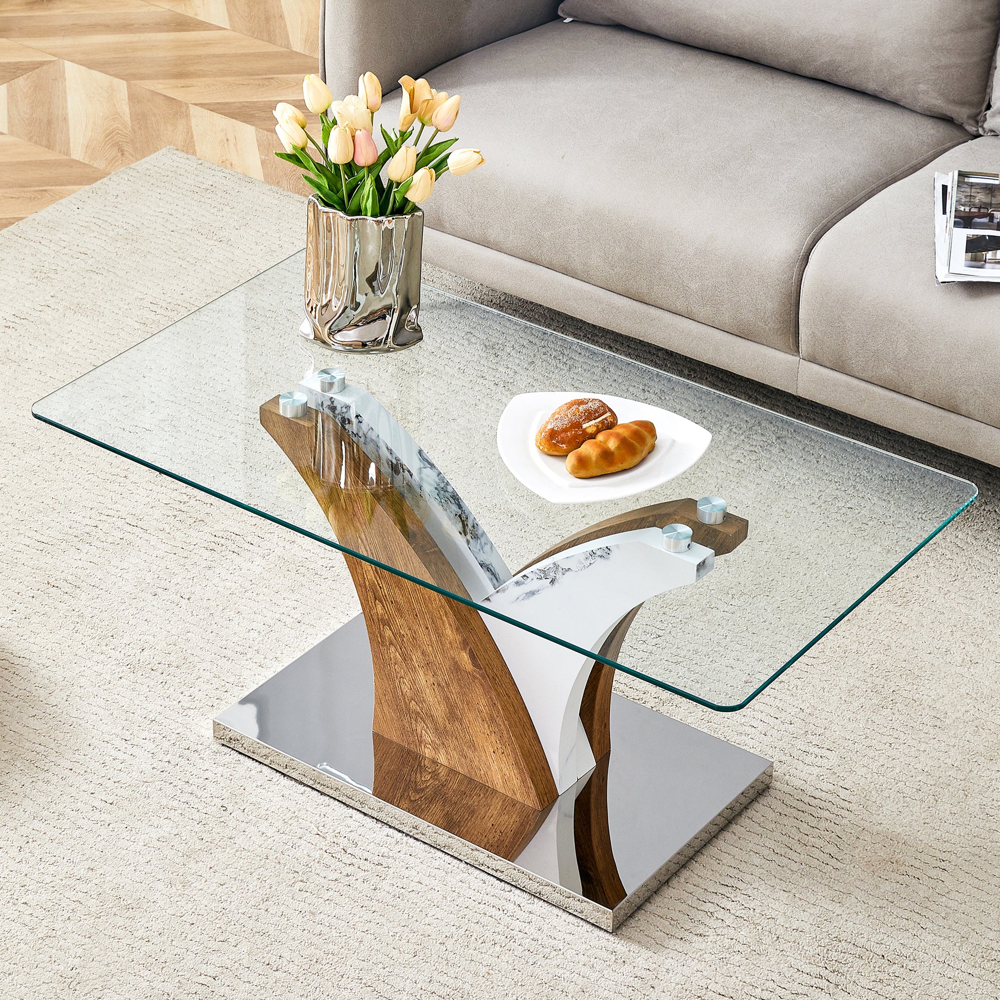 Modern glass coffee table with curved wood and chrome base