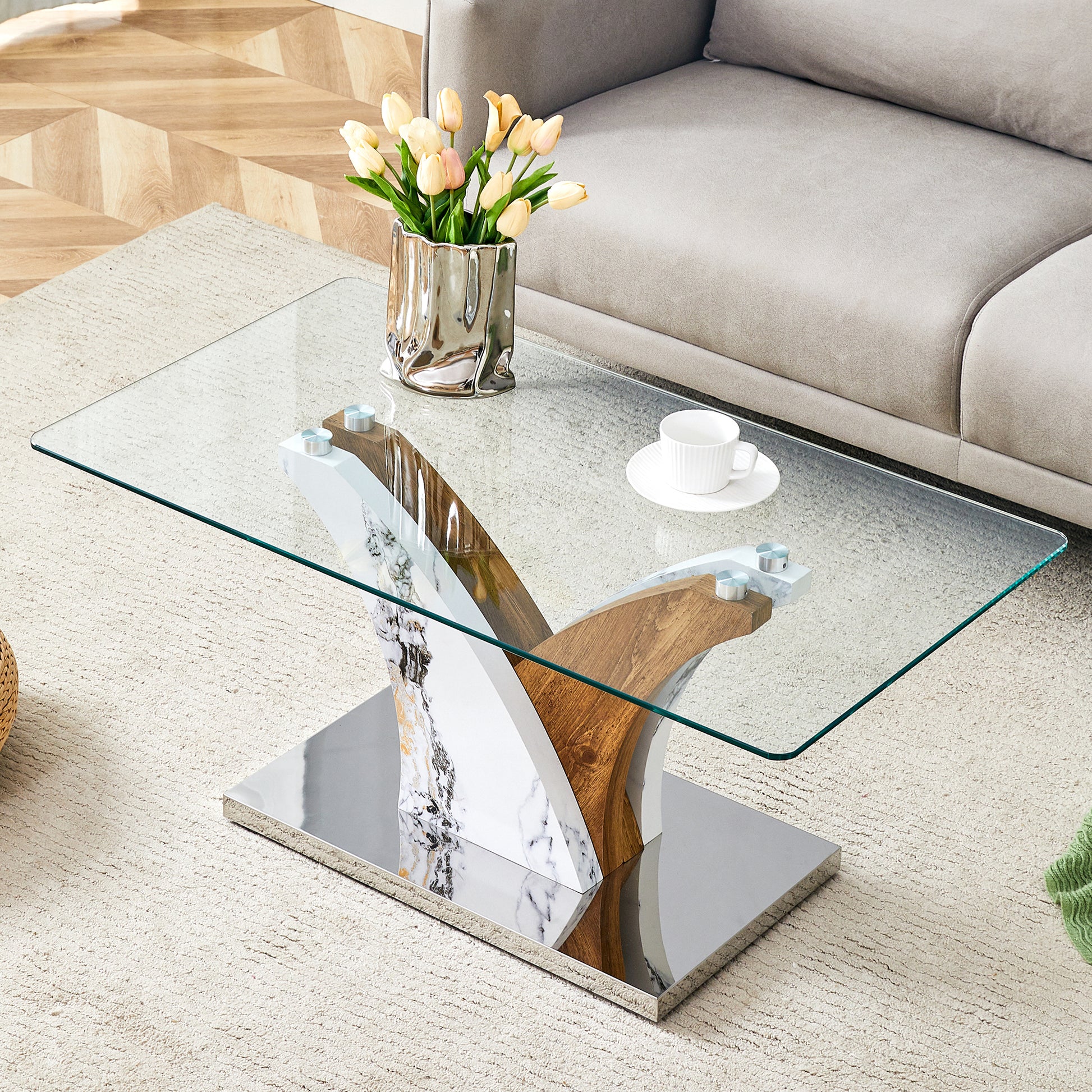 Glass coffee table with chrome marble and wood base for modern living rooms