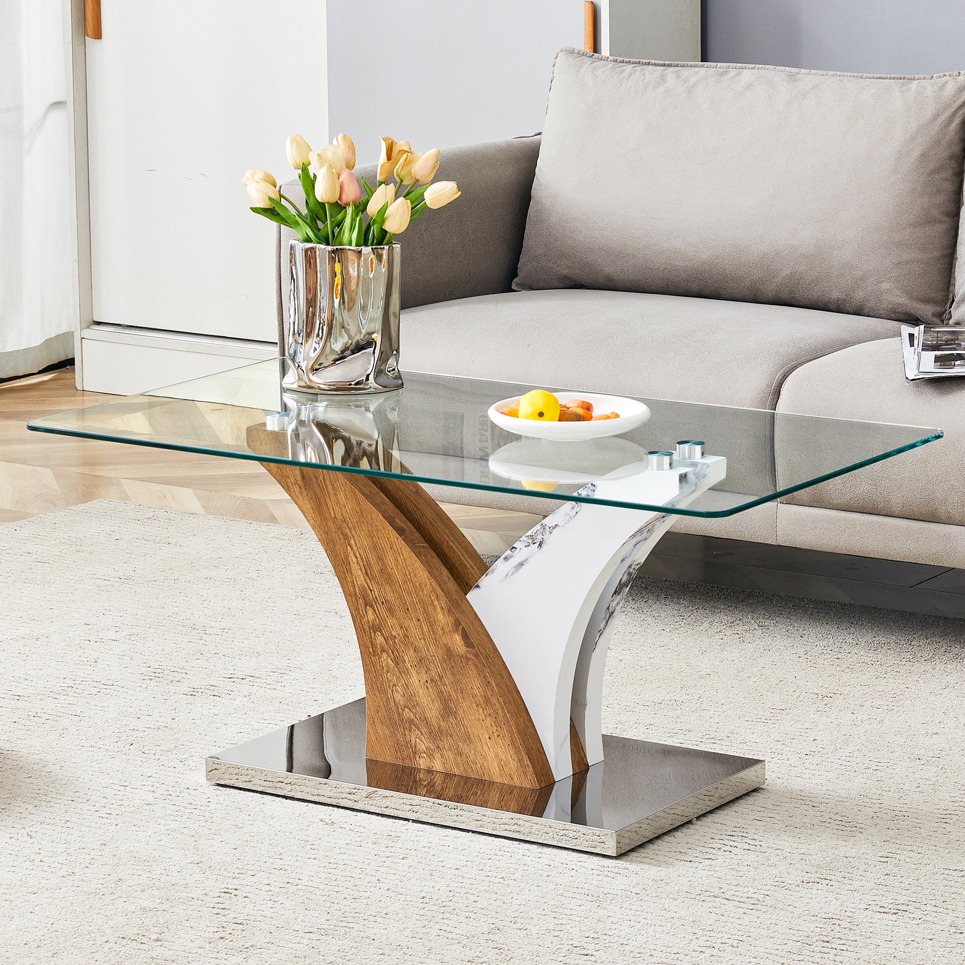 Modern glass coffee table with wood and white marble pedestal base