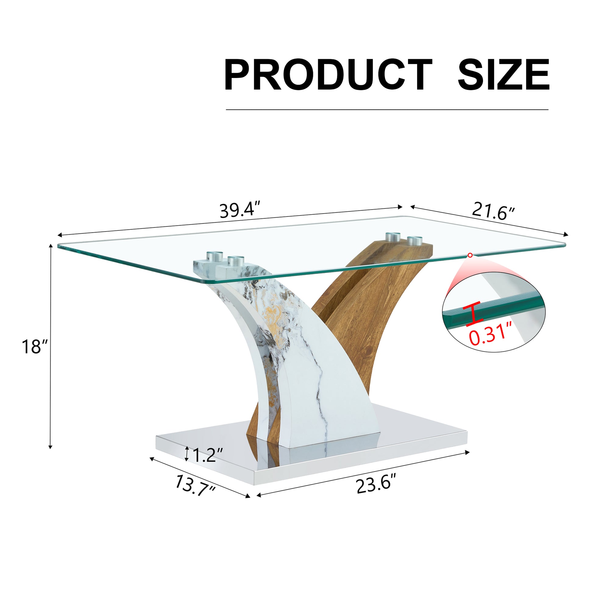 Modern glass coffee table with marbled and woodfinished base  L