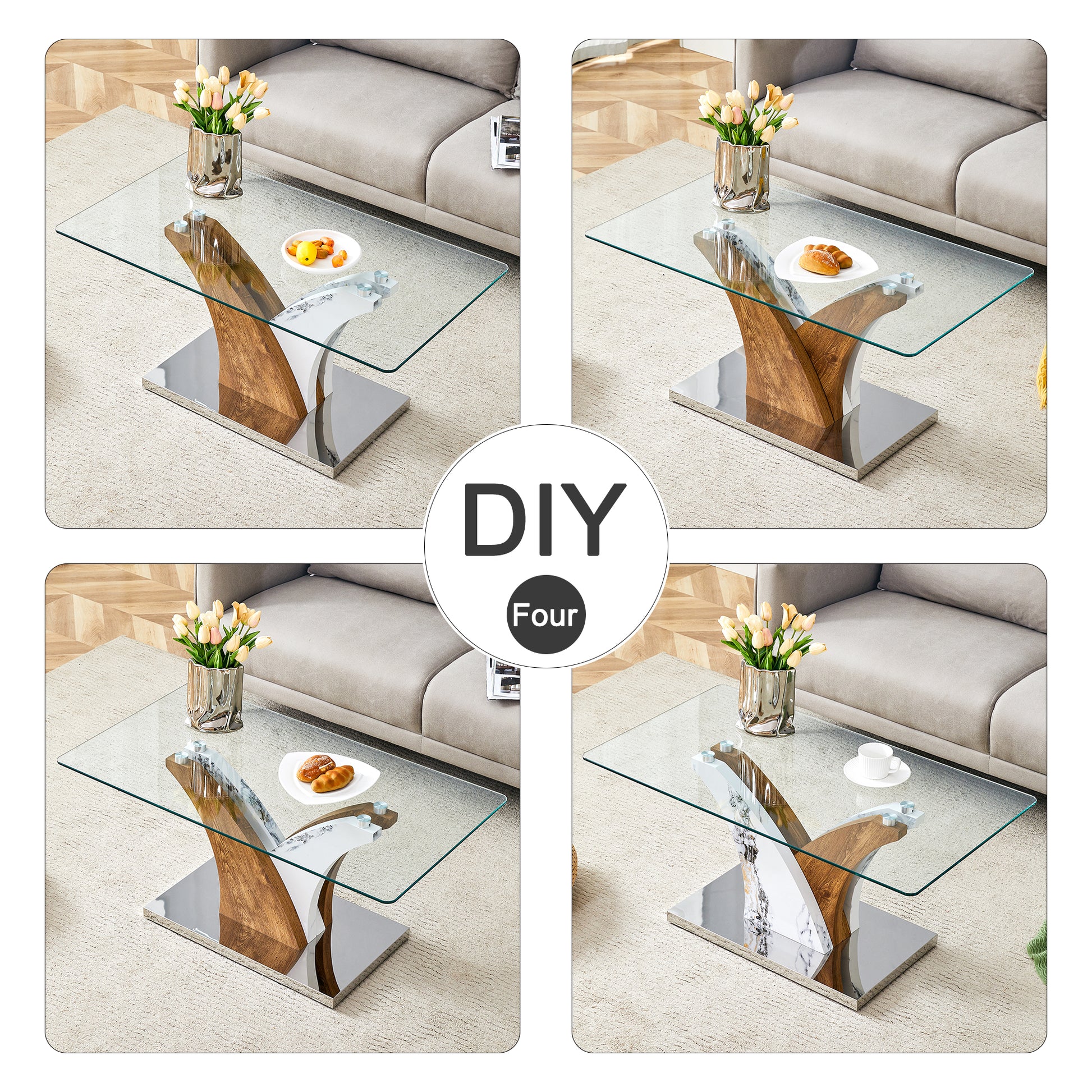 Modern glass coffee table with curved wood and marble pedestal