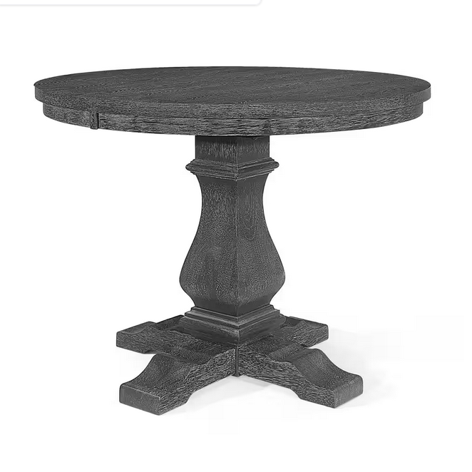 Dark gray pedestal dining table with rustic wood grain finish