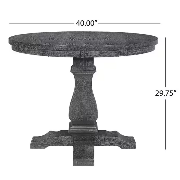 Round pedestal dining table in dark gray wood with antique finish inch diameter