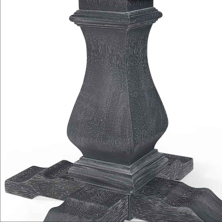 Dark gray carved wooden pedestal base for a table distressed finish