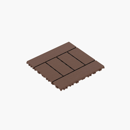 Brown interlocking deck tiles with wood grain texture easy DIY patio flooring