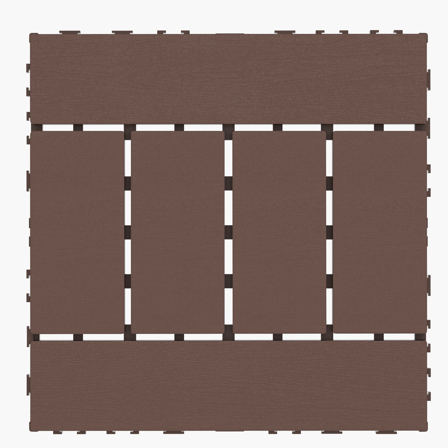 Interlocking dark brown composite deck tiles with a textured wood grain pattern
