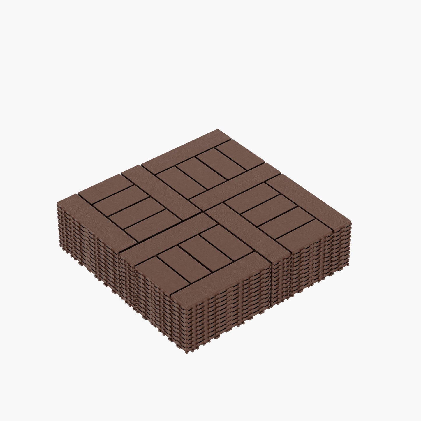 Stack of brown interlocking deck tiles with wood grain texture