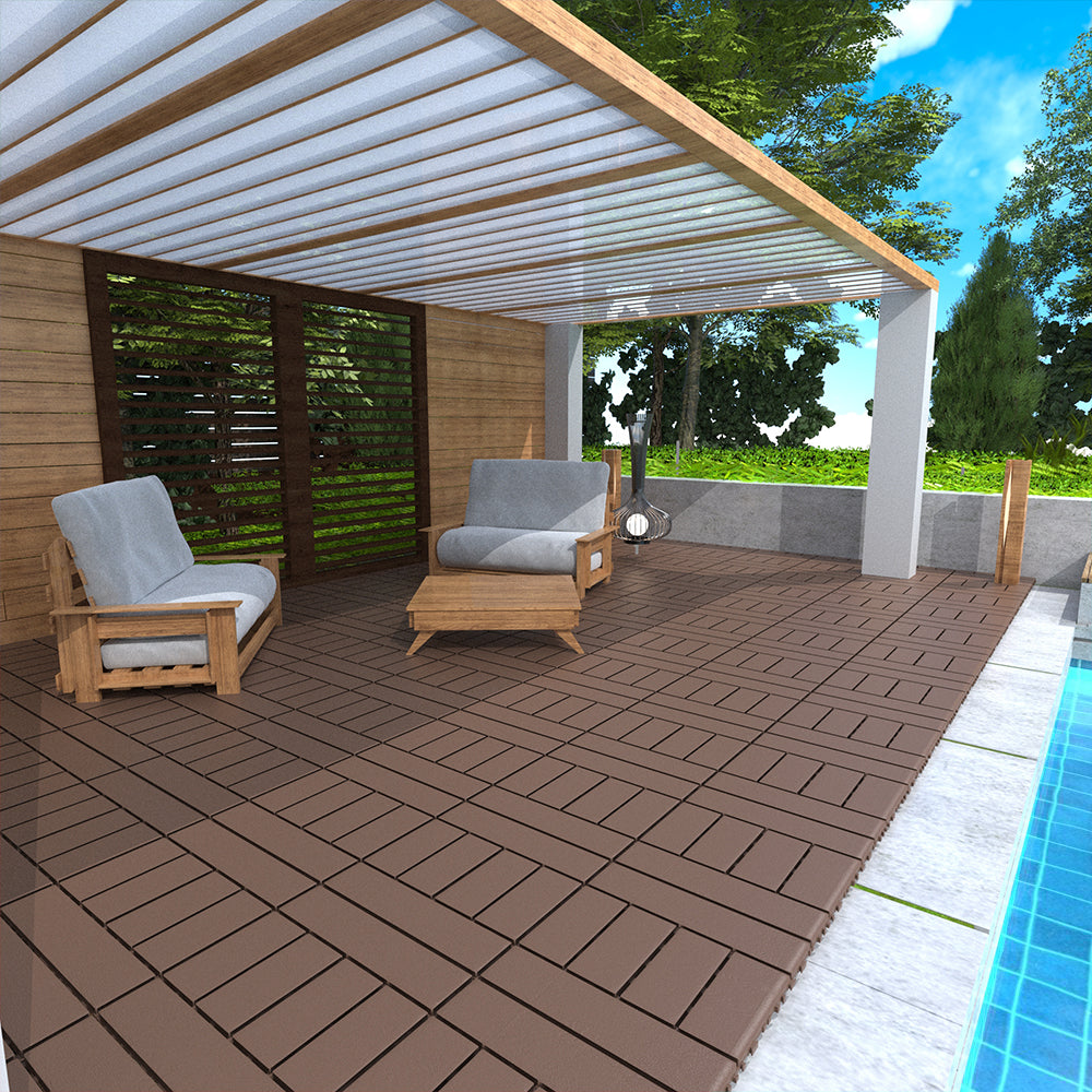 Brown interlocking composite decking tiles create a durable and modern patio floor