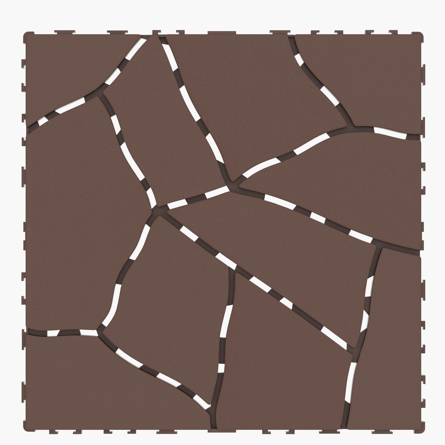 Brown interlocking floor tile with a cracked earth pattern and white grout lines