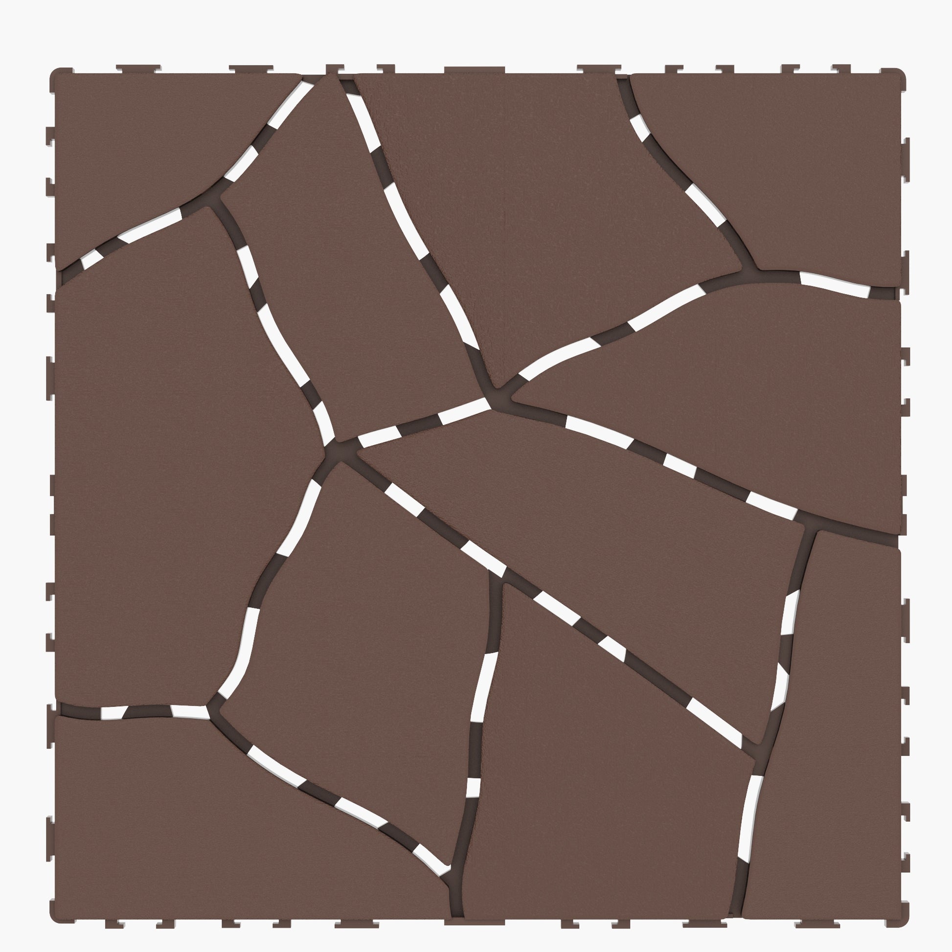 Brown interlocking floor tile with a cracked earth pattern and white grout lines