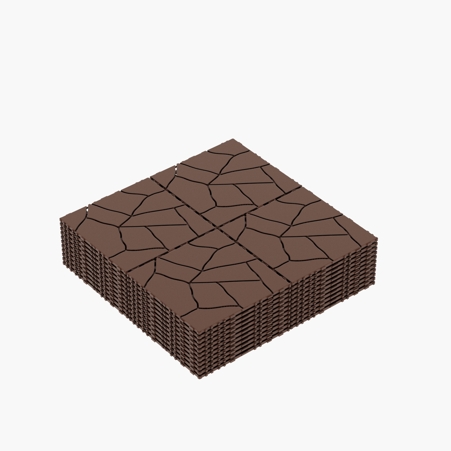Stack of interlocking brown interlocking deck tiles with a cracked stone pattern
