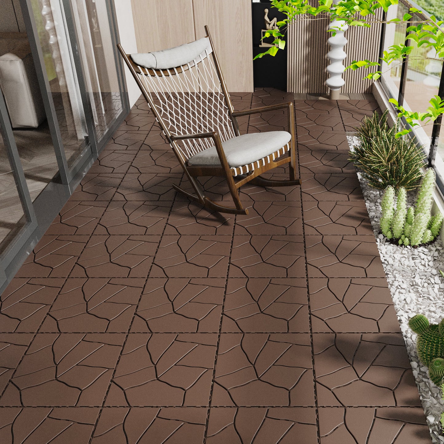 Brown interlocking patio tiles with a geometric stonelike pattern perfect for outdoor spaces