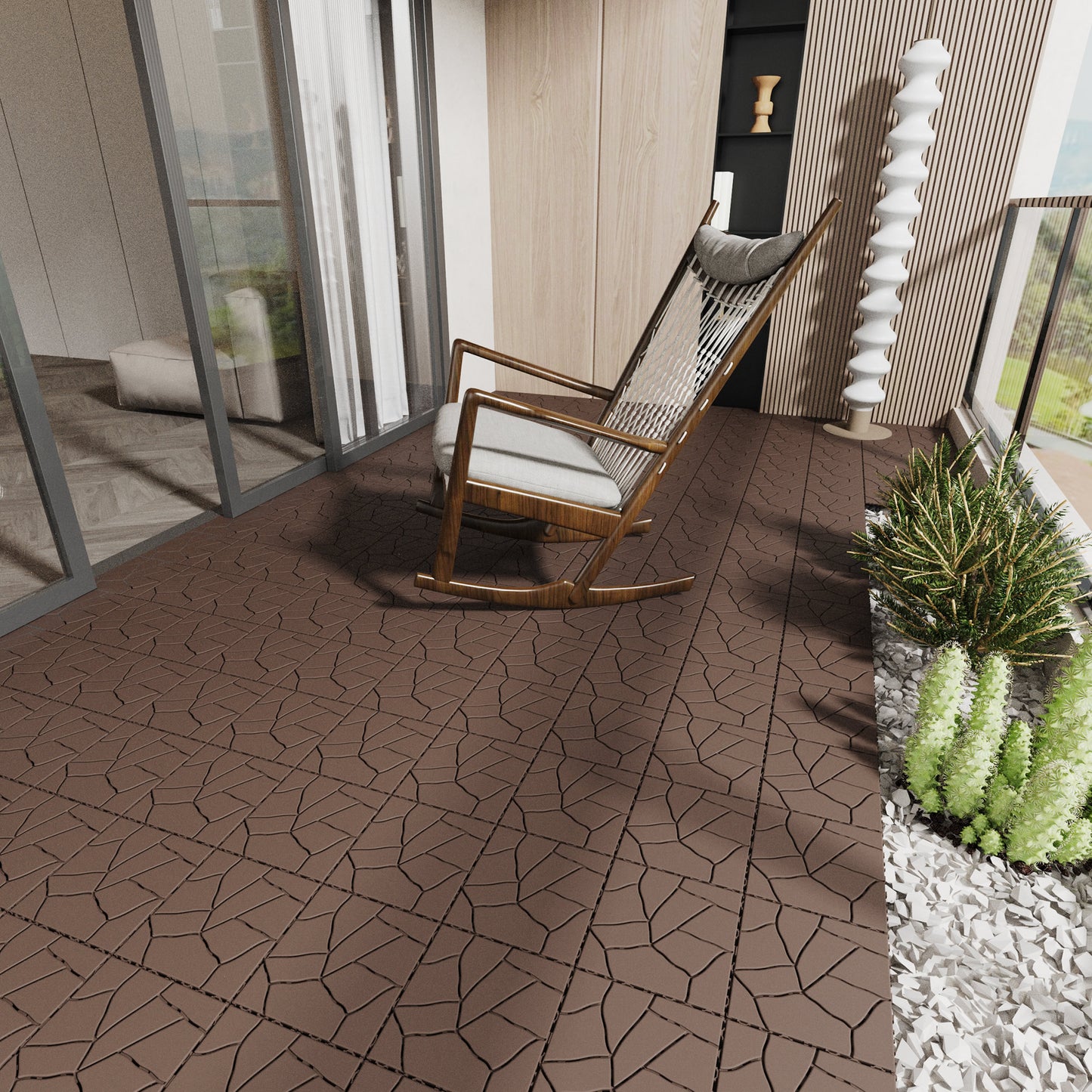 Textured brown interlocking deck tiles with geometric pattern for outdoor spaces