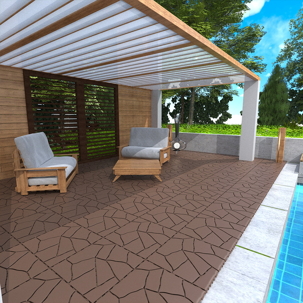 Brown interlocking deck tiles with a modern mosaic pattern for outdoor patios