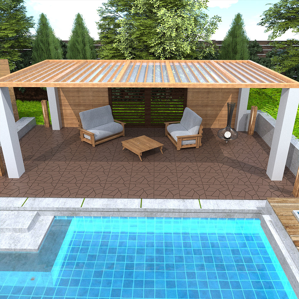 Modern patio furniture set with grey cushions and wooden frame