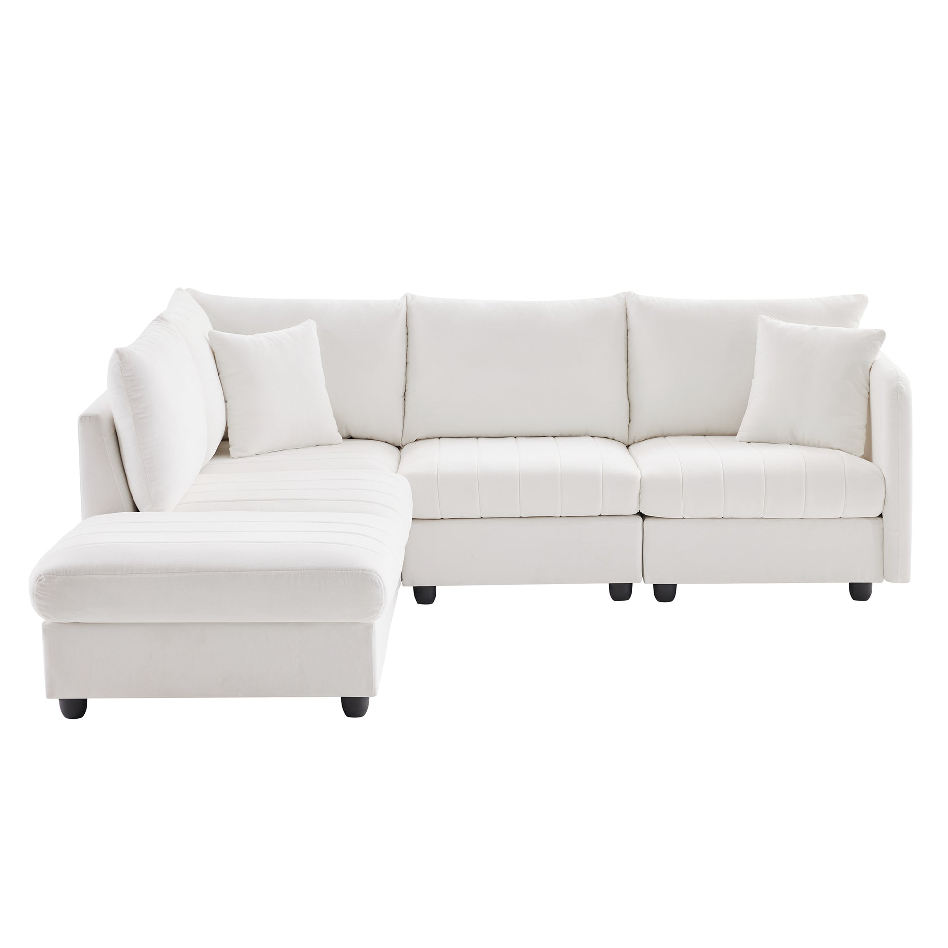 White plush velvet sectional sofa with chaise and plush back cushions