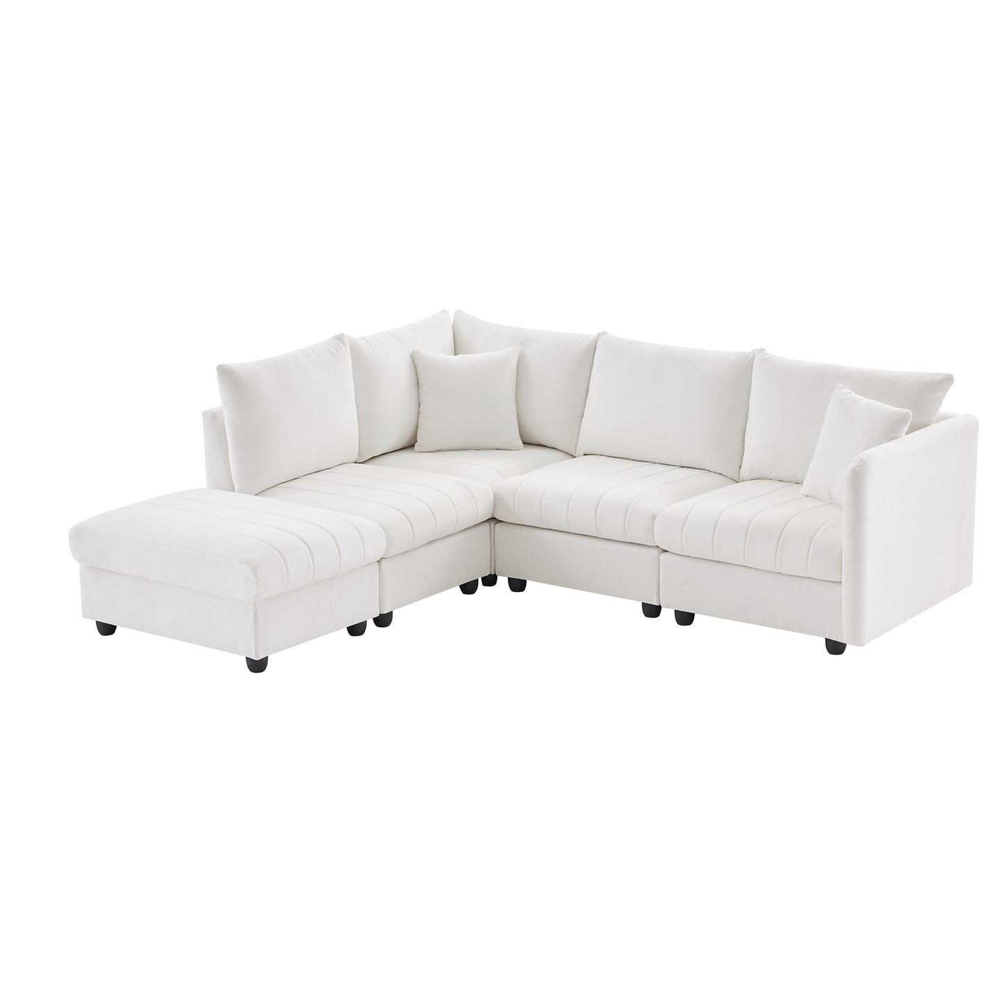 White velvet Lshaped sectional sofa with channel tufting and modern black legs