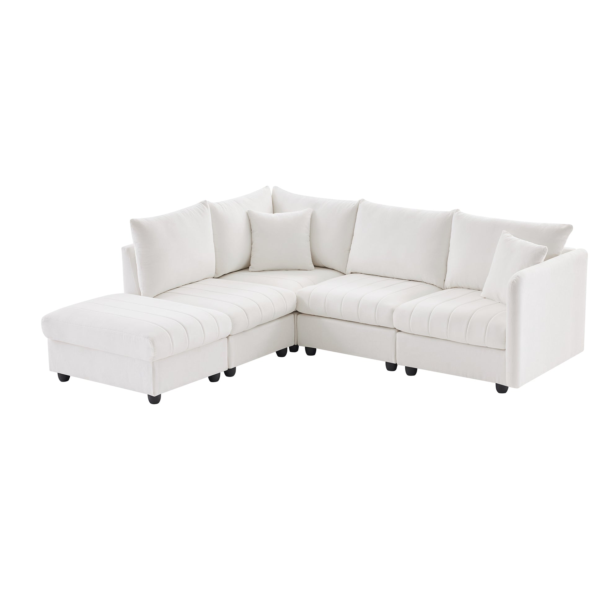 White velvet Lshaped sectional sofa with channel tufting and modern black legs