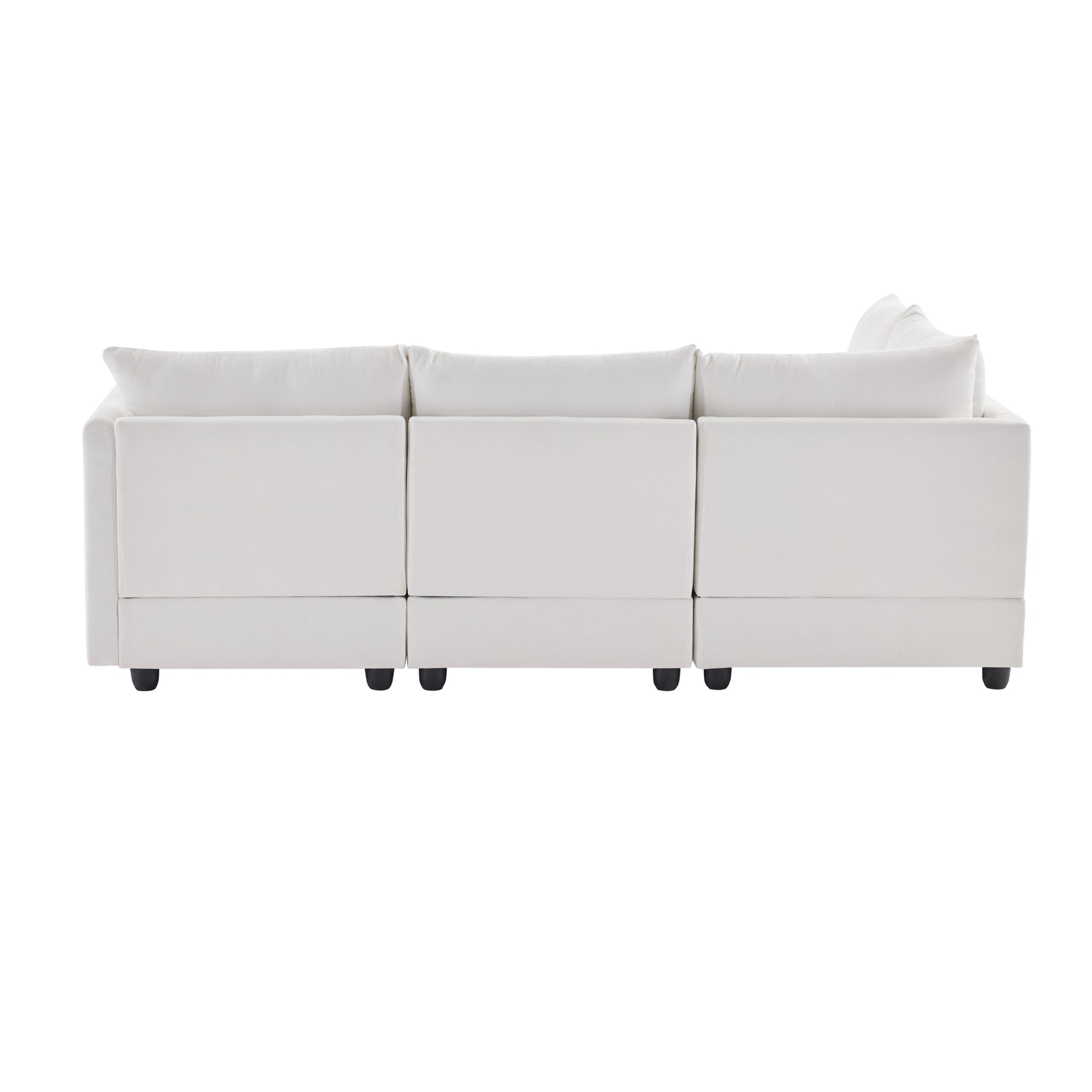 White sectional sofa back view upholstered in textured fabric with plush cushions