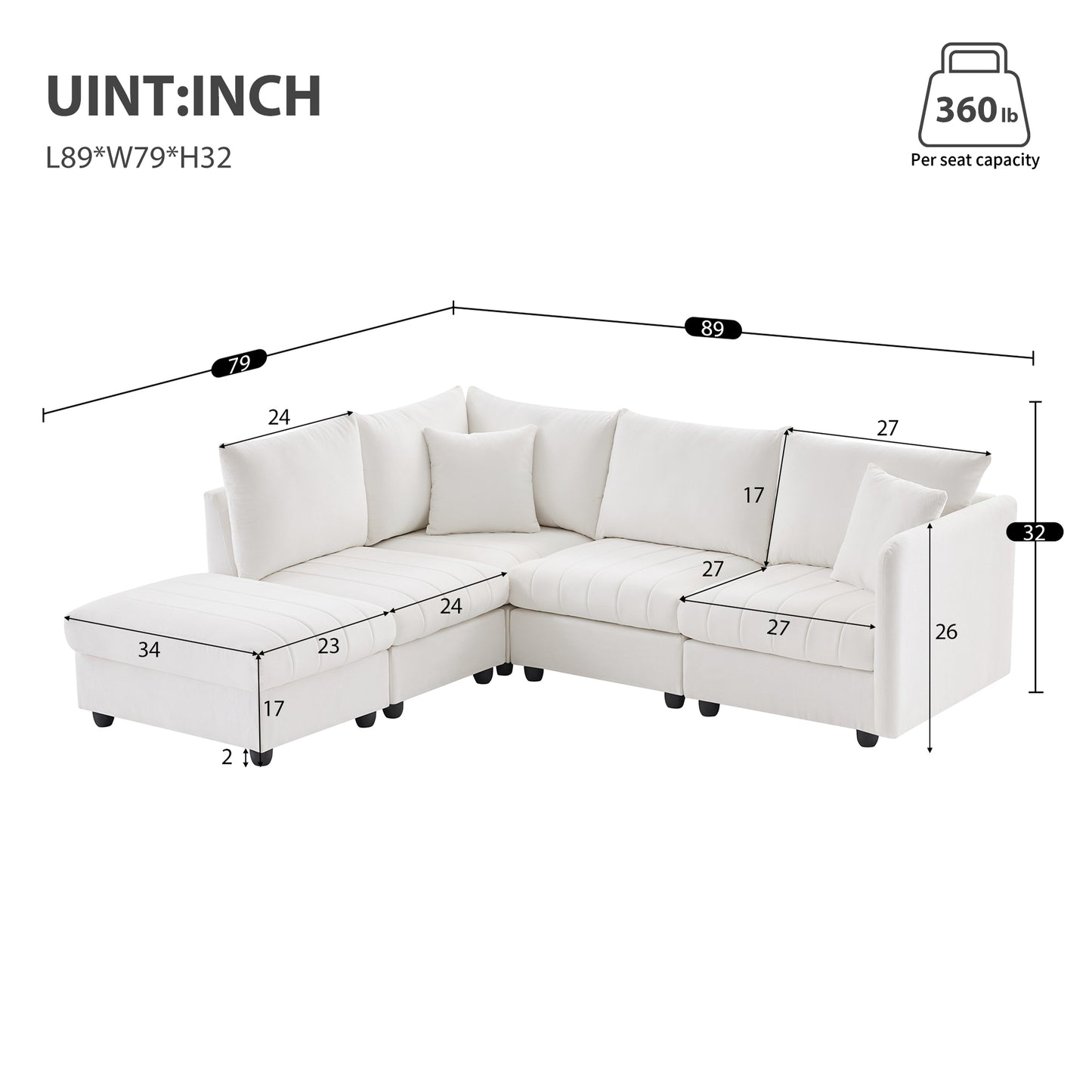 White sectional sofa with chaise velvet fabric modern design LxWxH