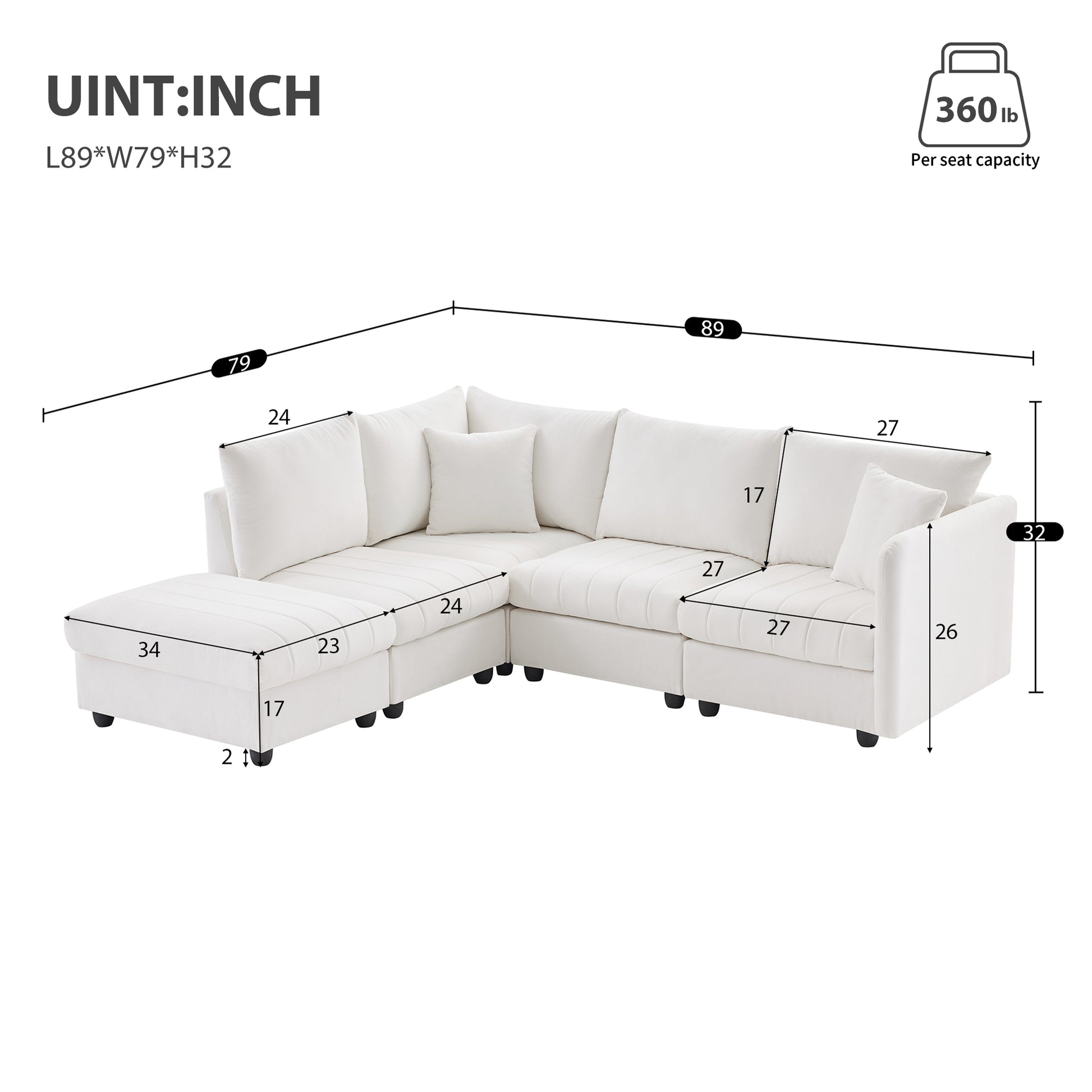 White sectional sofa with chaise velvet fabric modern design LxWxH