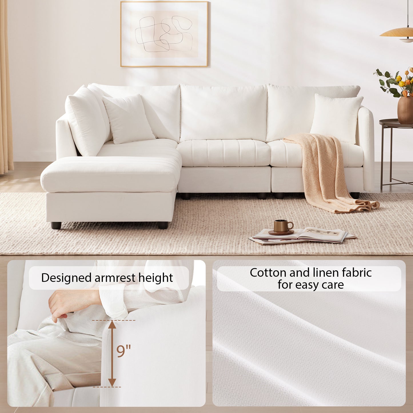 White sectional sofa with plush cushions and a chaise lounge perfect for modern living rooms