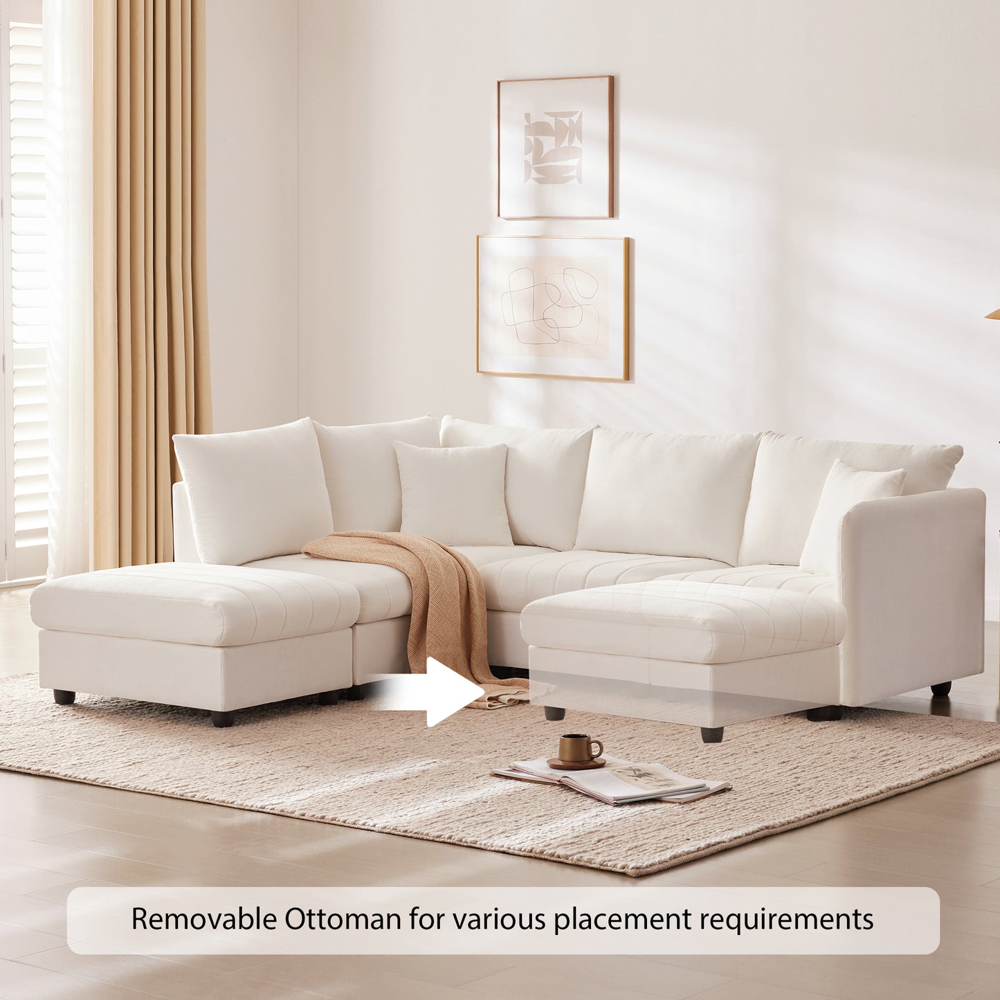 Cream sectional sofa with removable ottoman and textured throw blanket