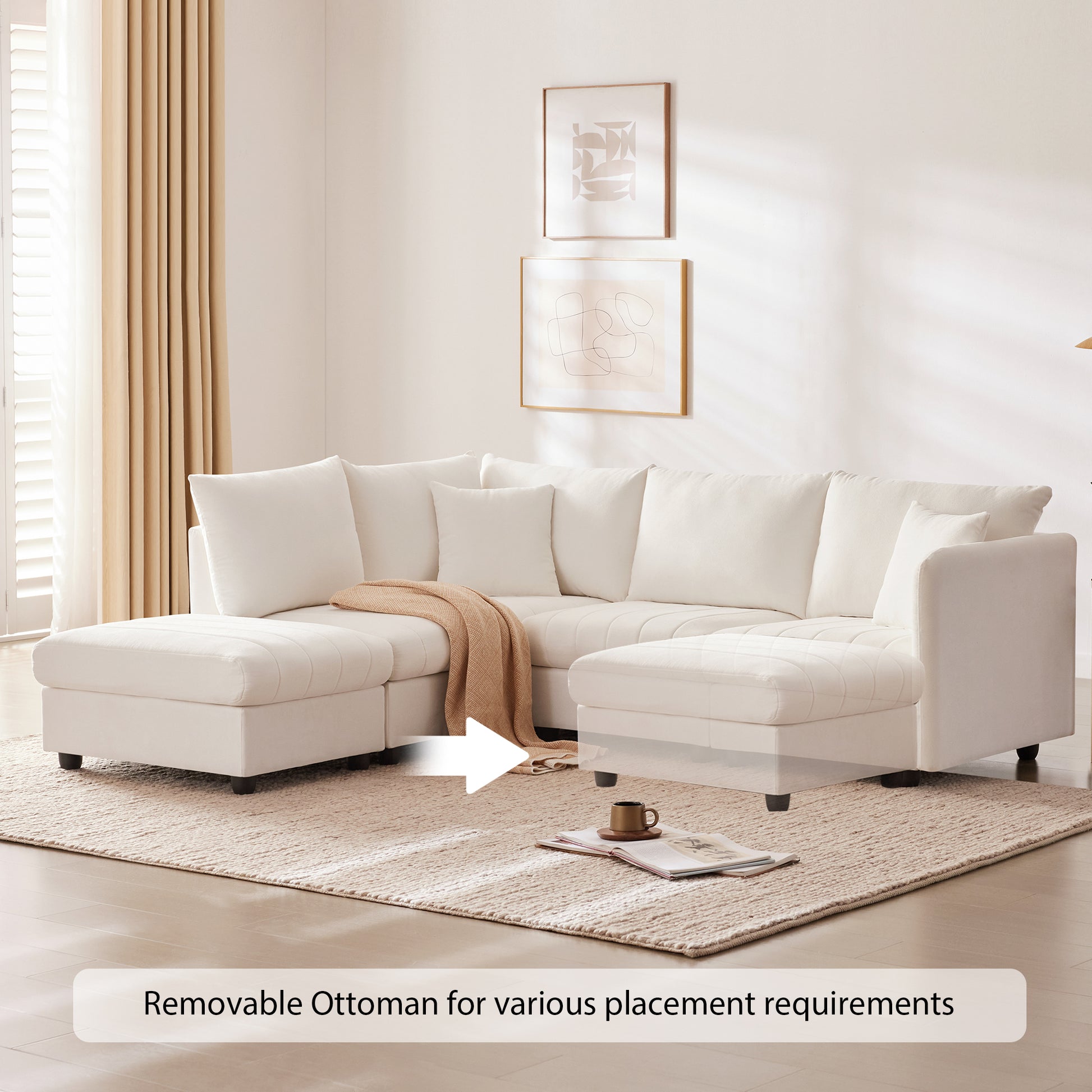 Cream sectional sofa with removable ottoman and textured throw blanket