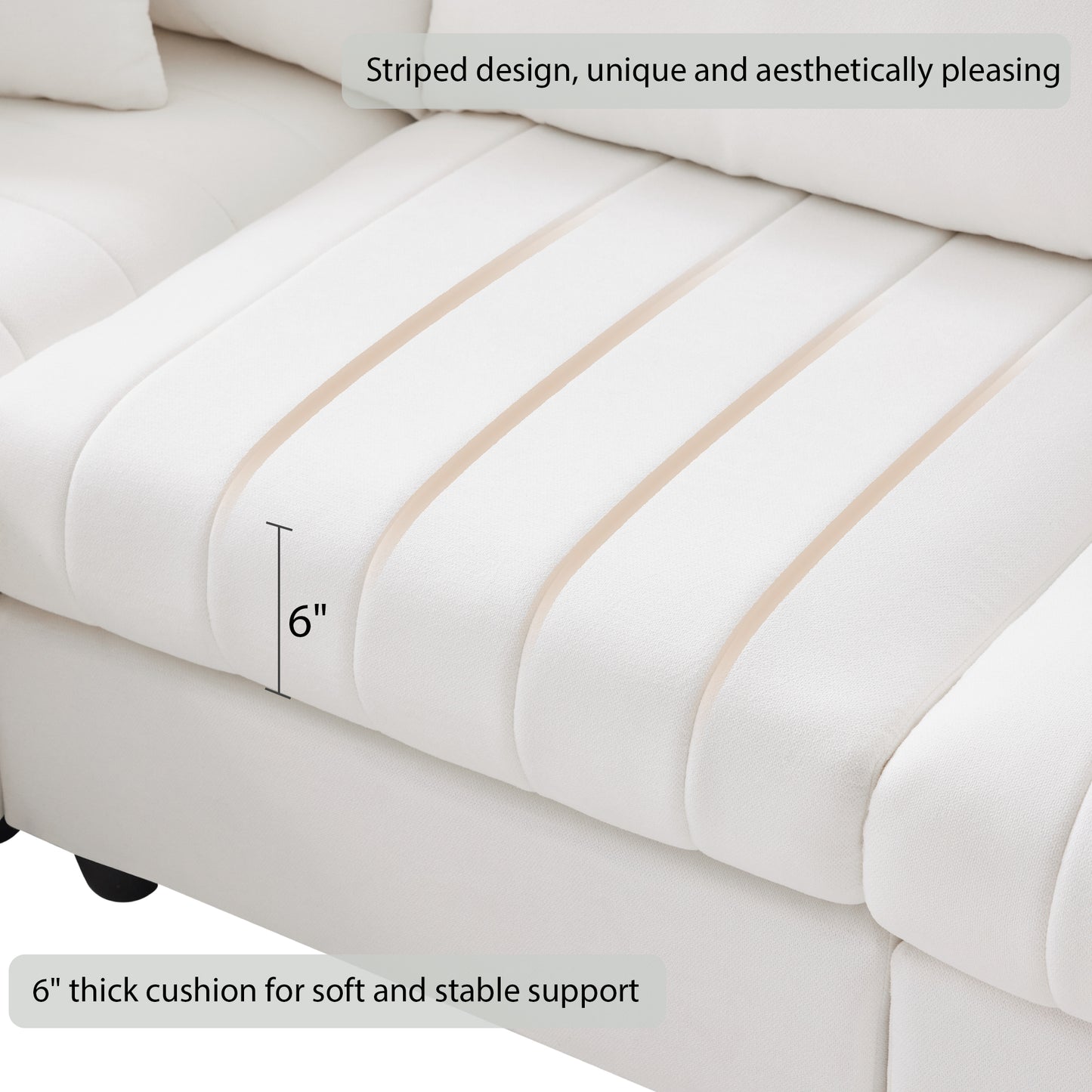White textured fabric sofa cushion with vertical channel tufting and inch thickness