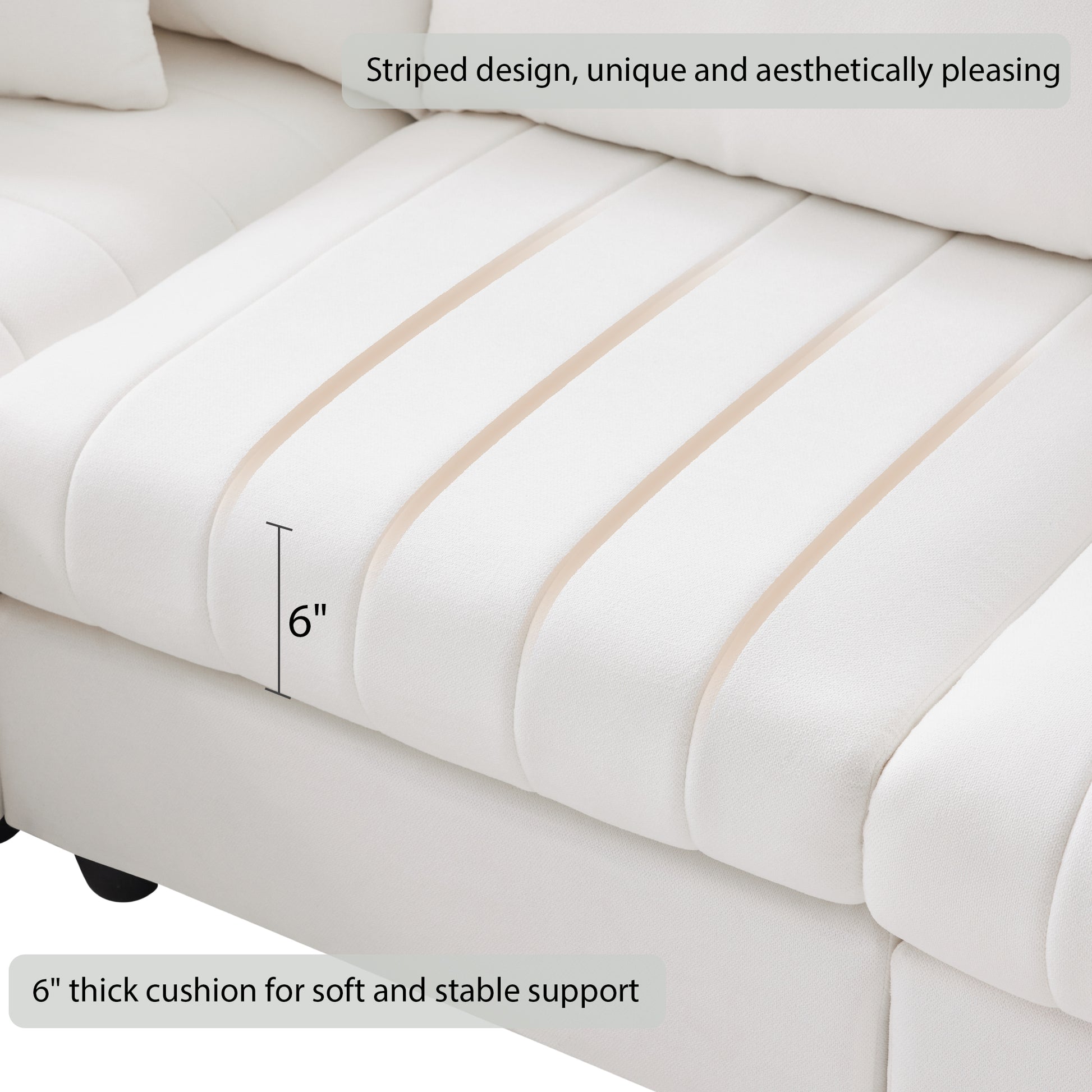 White textured fabric sofa cushion with vertical channel tufting and inch thickness