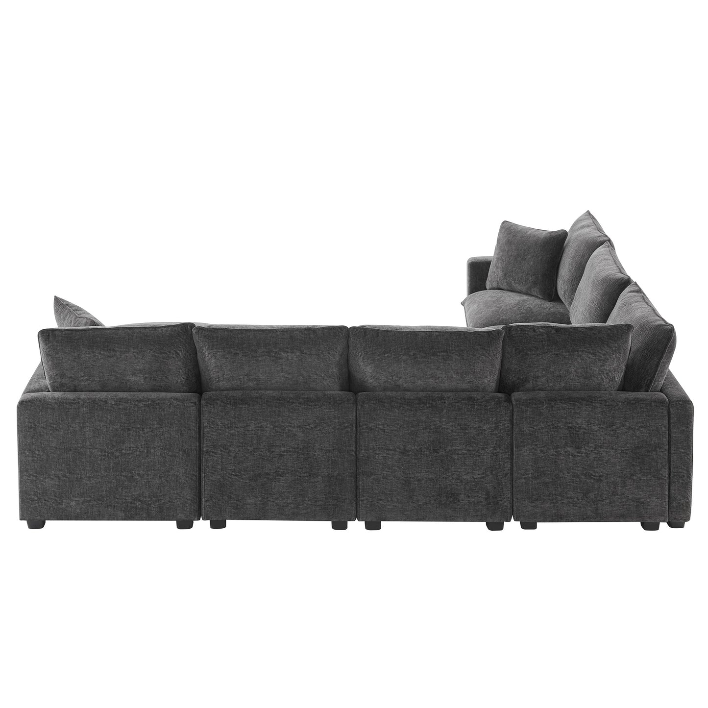 Dark grey fabric sectional sofa from a rear slightly angled view showcasing plush cushions and sturdy construction