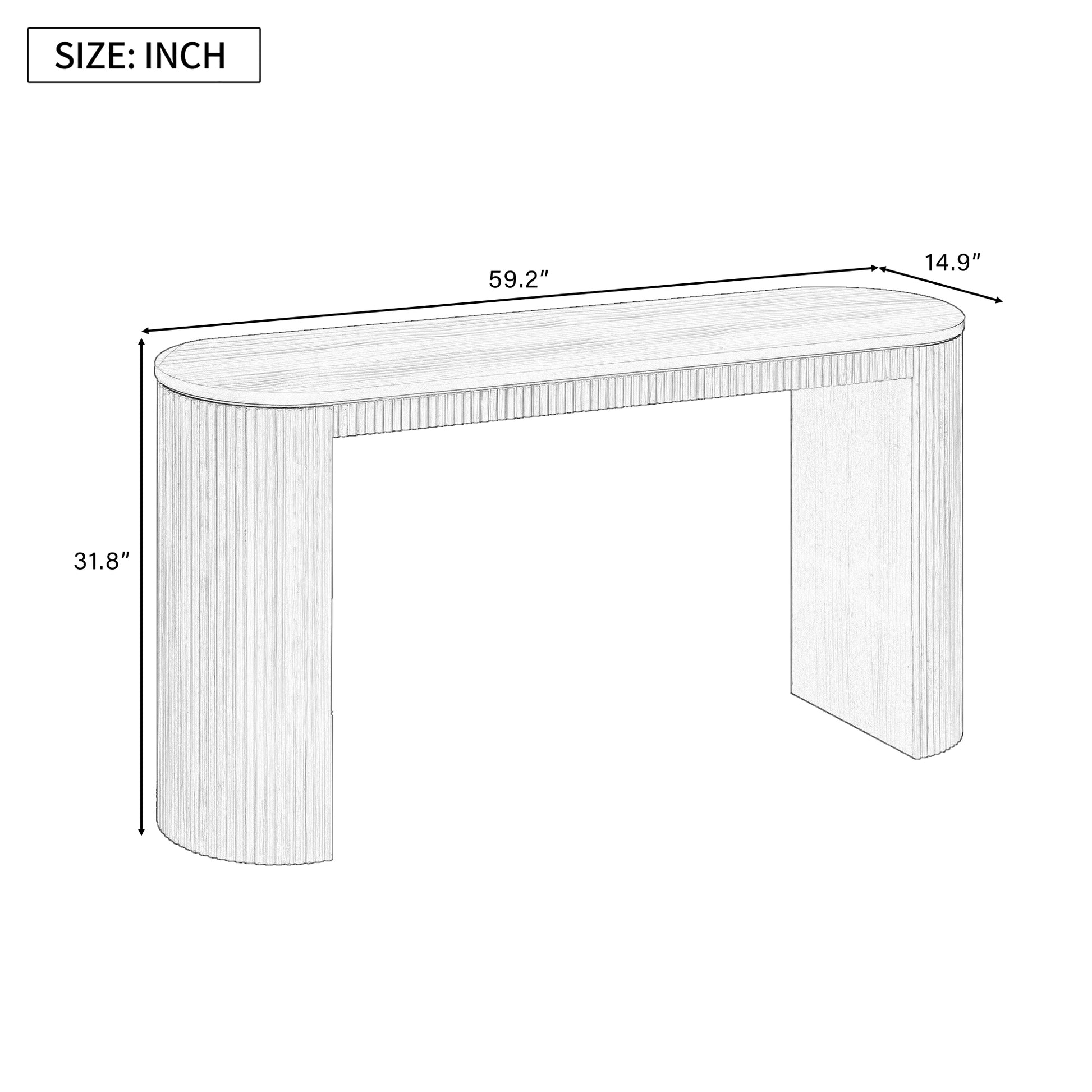Sketch of fluted console table with dimensions  L x  W x  H