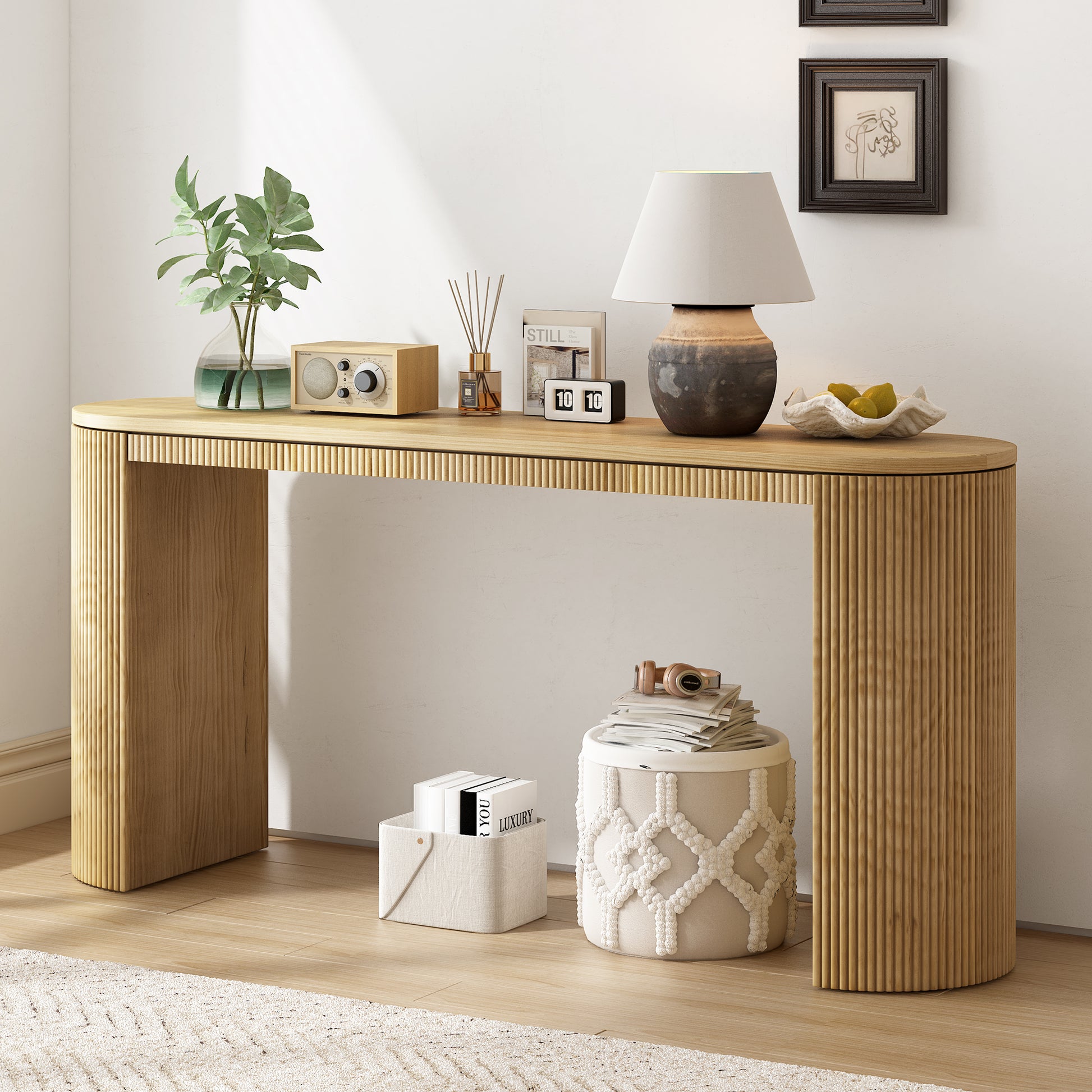 Natural wood console table with ribbed detailing perfect for entryway decor