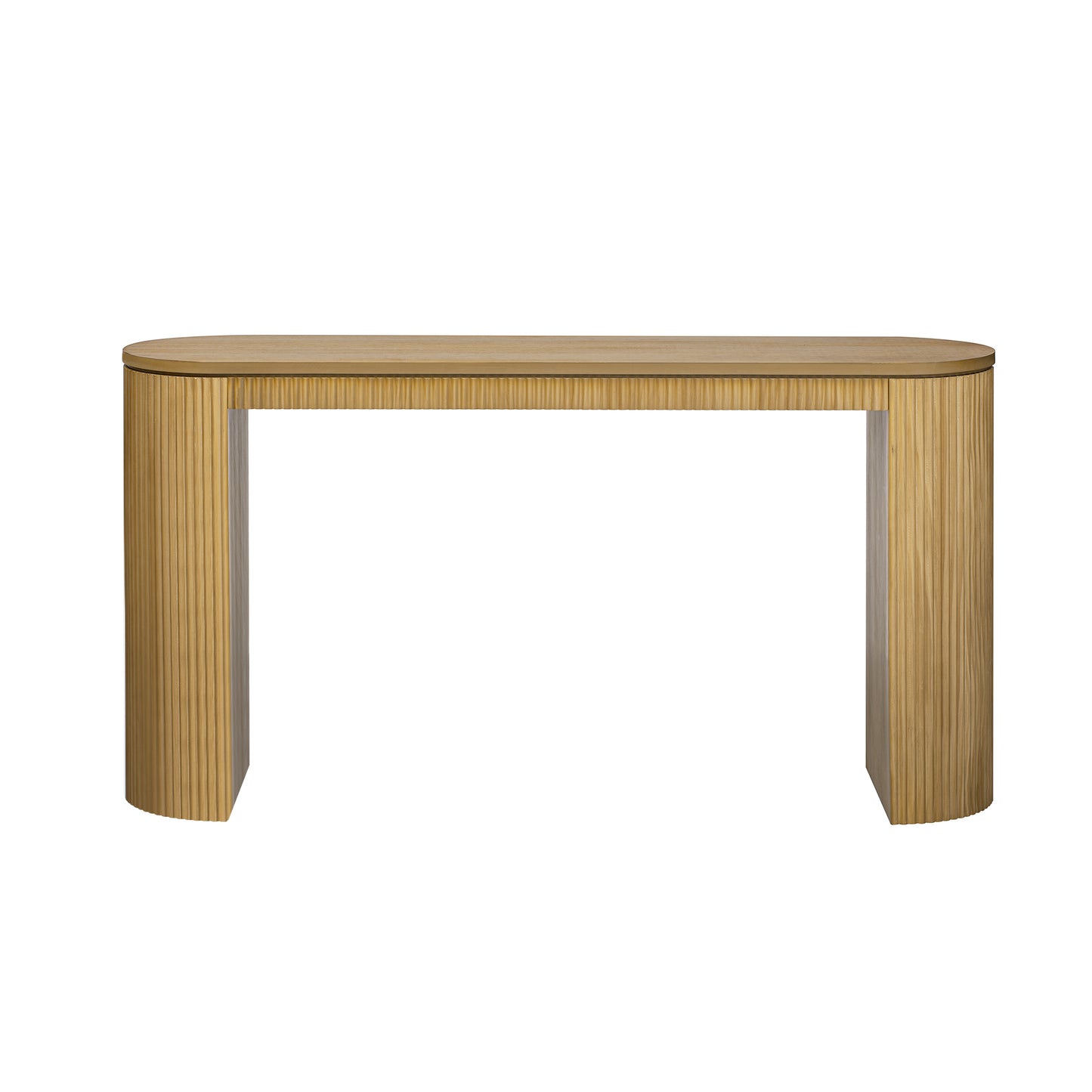 Modern wooden console table with fluted sides and a sleek rounded top