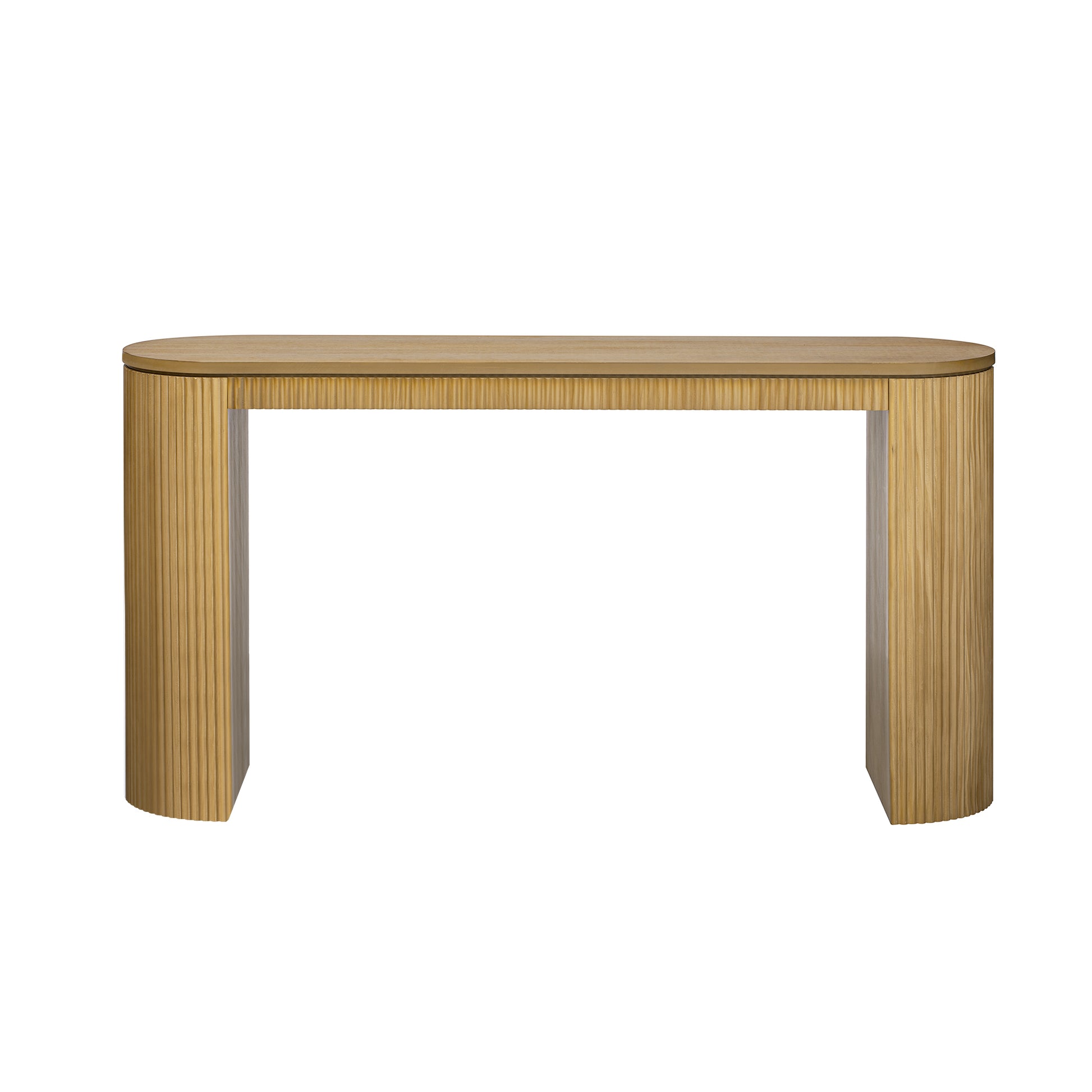 Modern wooden console table with fluted sides and a sleek rounded top