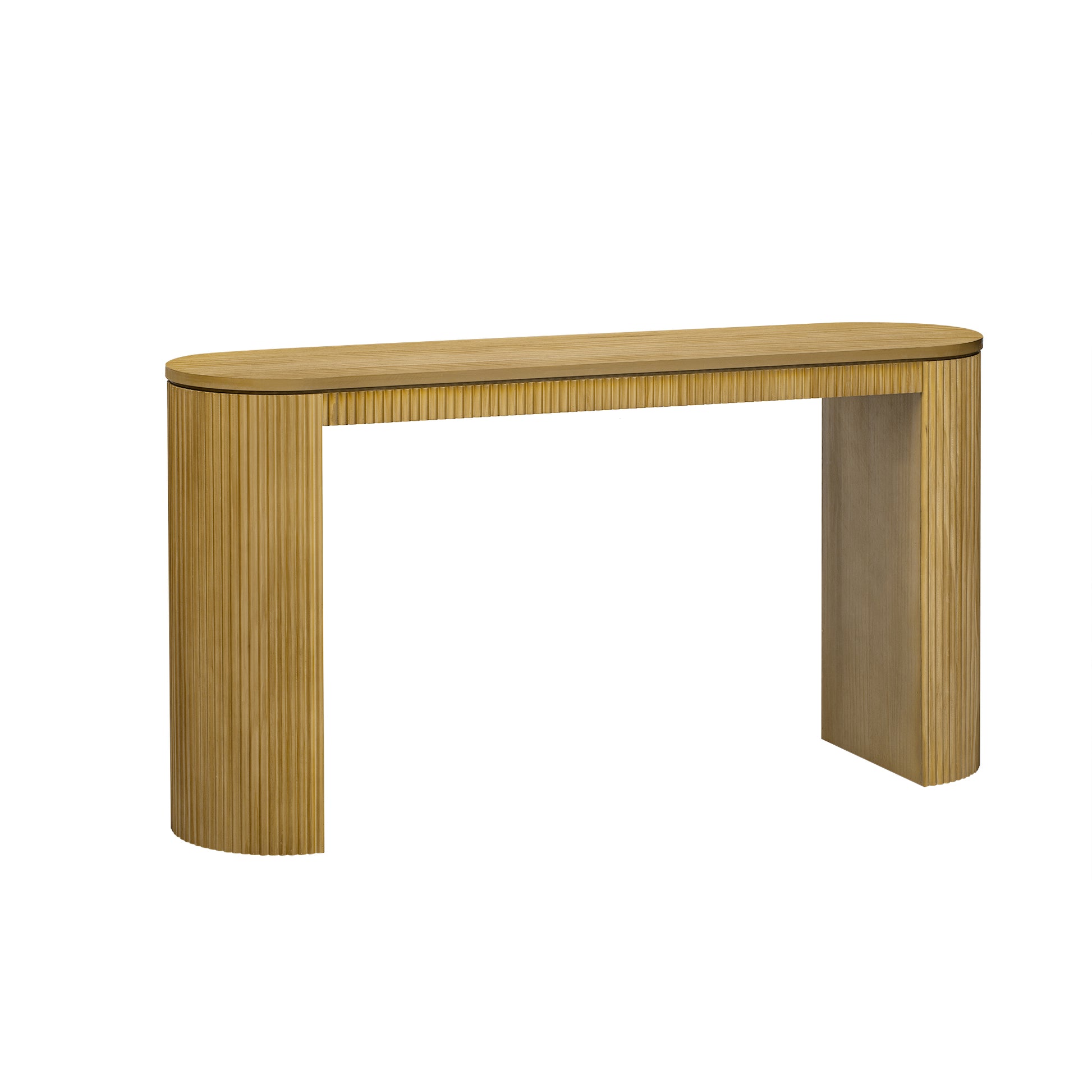 Minimalist fluted oak console table with an oval top and curved legs