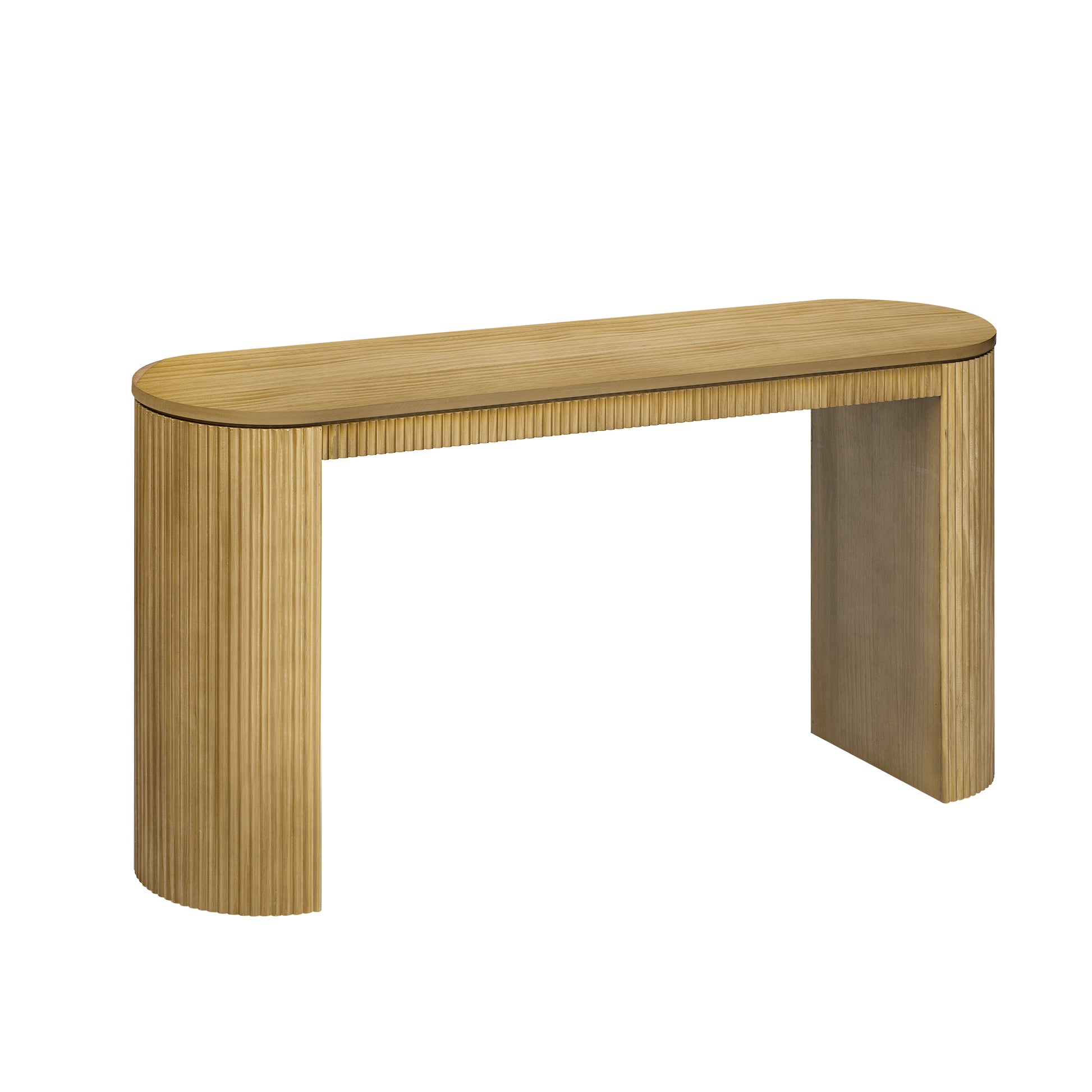 Light oak console table with fluted pedestal legs and an oval top